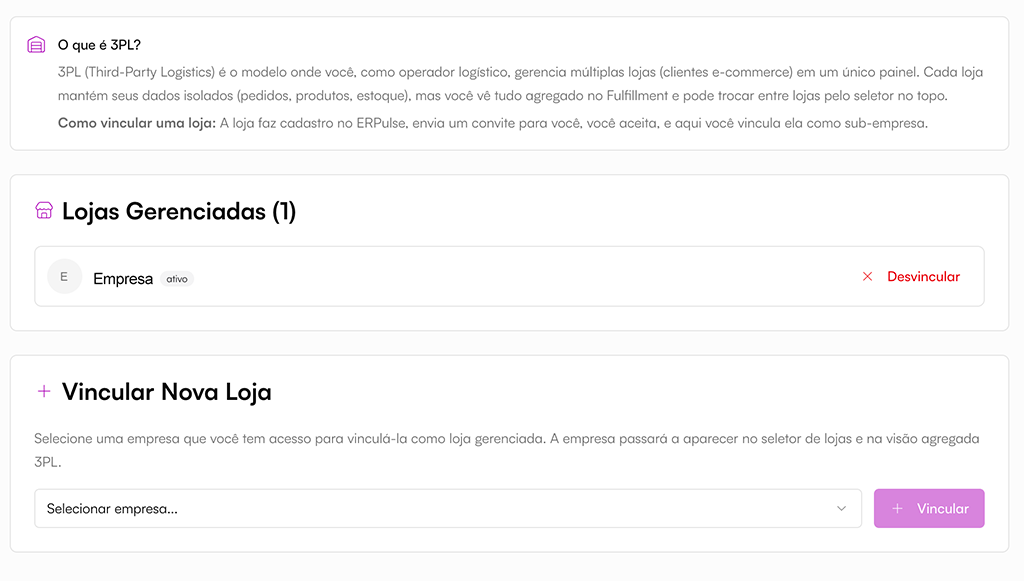 Tela do ERPulse: Configurações → aba 3PL → seção Vincular Nova Loja