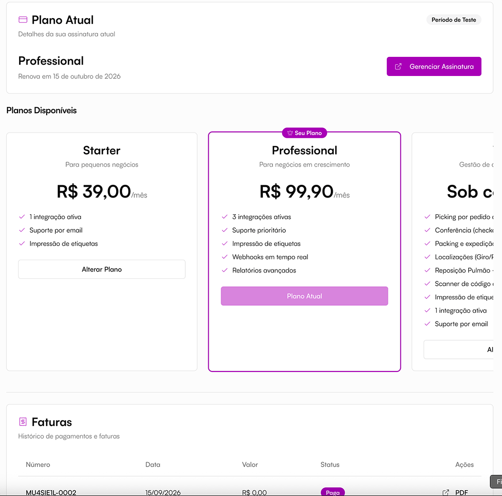 Tela do ERPulse: Configurações → Faturamento mostrando faixa 3PL