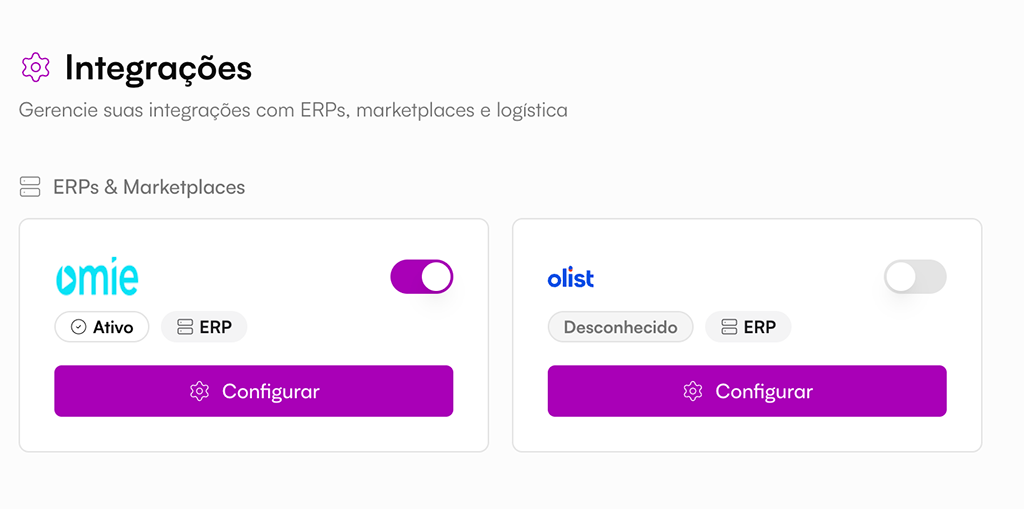 Tela do ERPulse: Integrações com cards dos providers