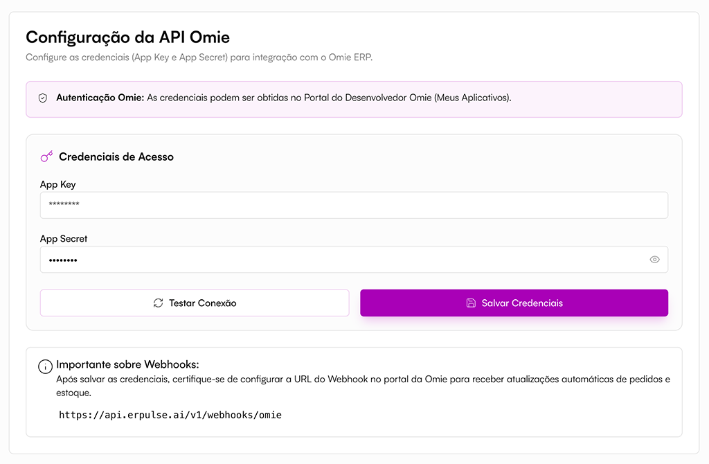 Tela do ERPulse: form de configuração da integração Omie com App Key e App Secret