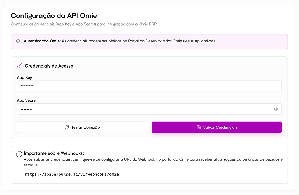 Tela do ERPulse: form de configuração da integração Omie com App Key e App Secret