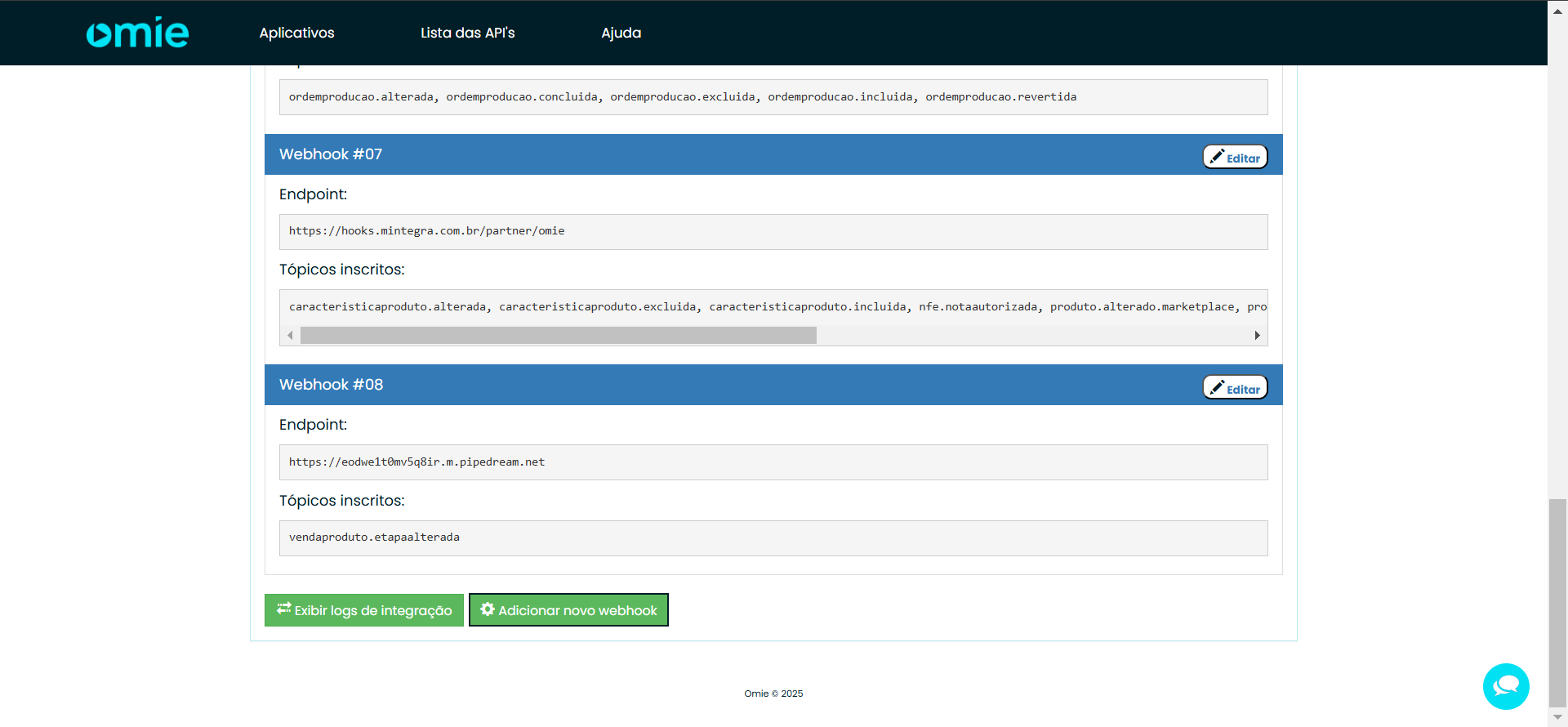 Aplicativo expandido no Developer Omie exibindo os webhooks configurados e o botão Adicionar novo webhook
