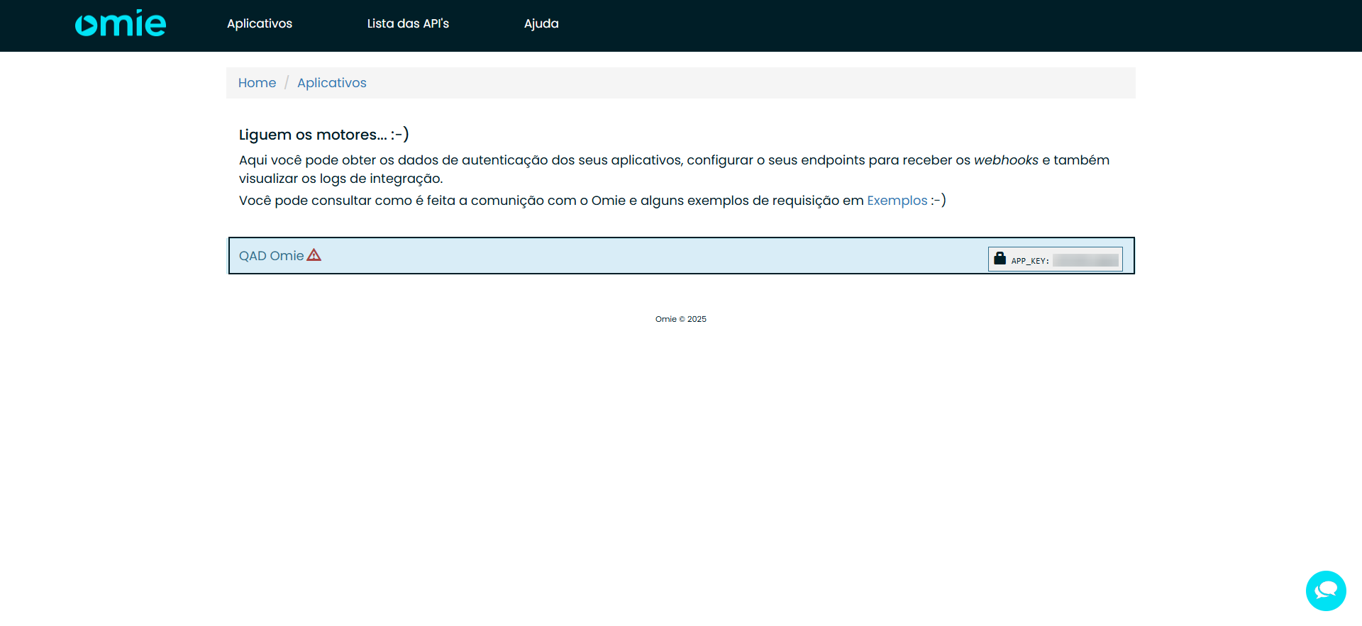 Lista de aplicativos no Developer Omie exibindo o aplicativo e a APP_KEY