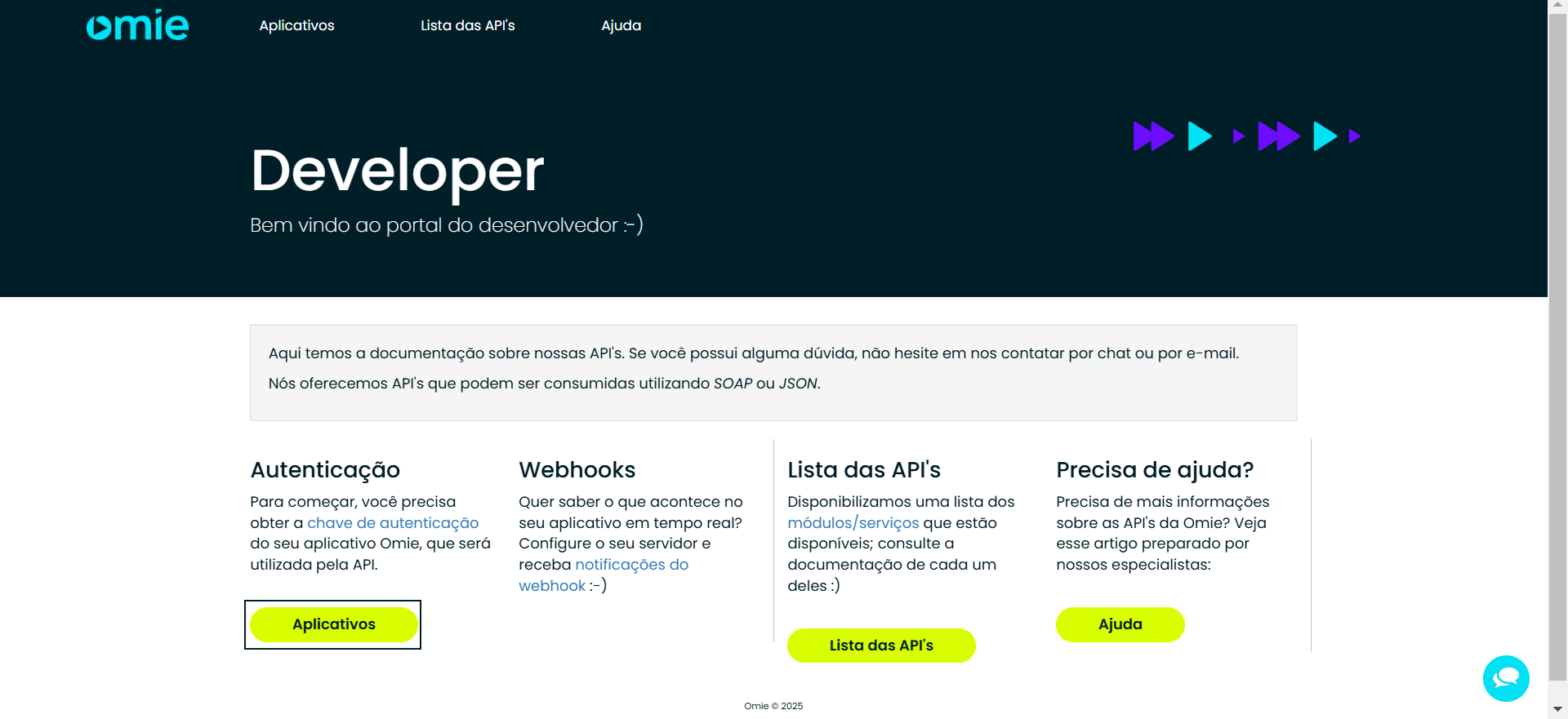 Tela inicial do Developer Omie com a opção Aplicativos destacada