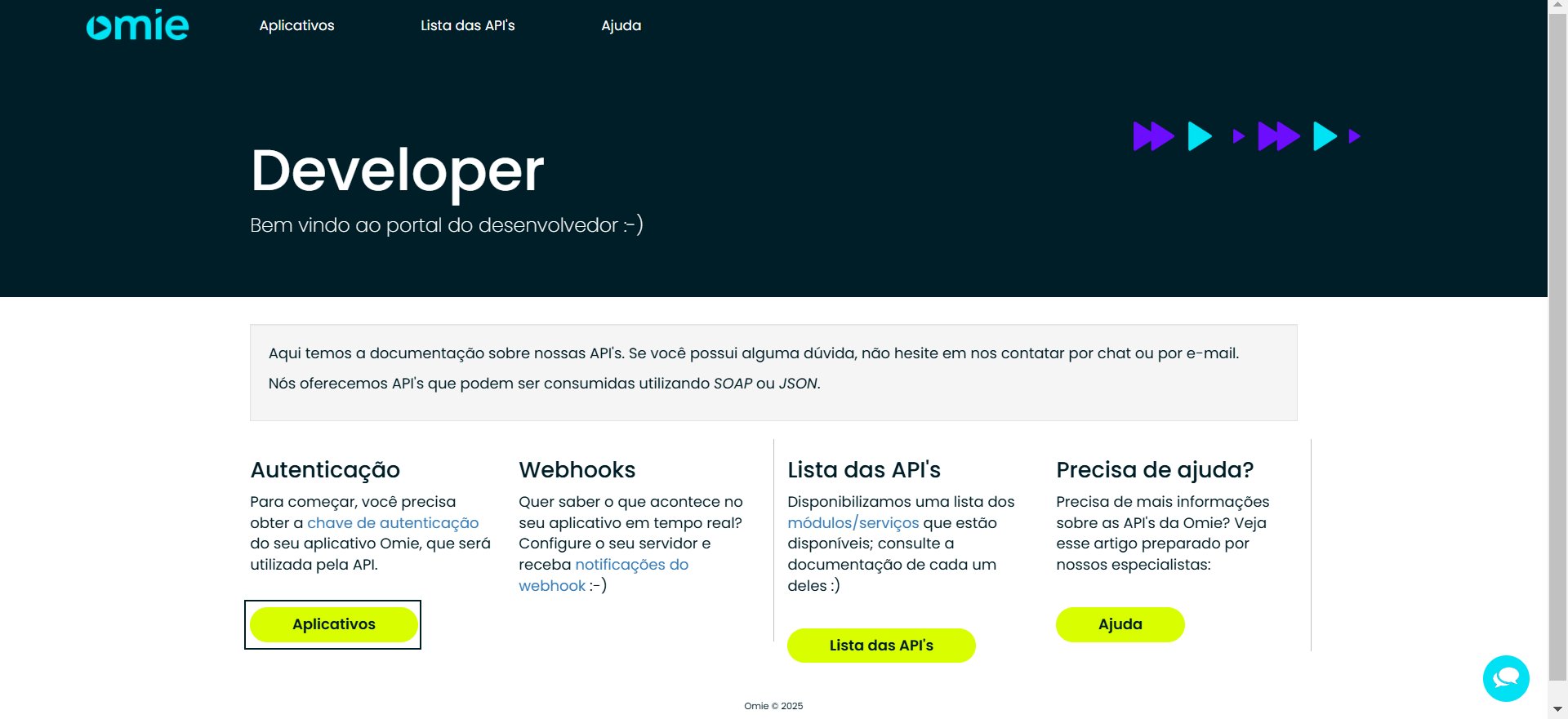 Tela inicial do Developer Omie com a opção Aplicativos destacada