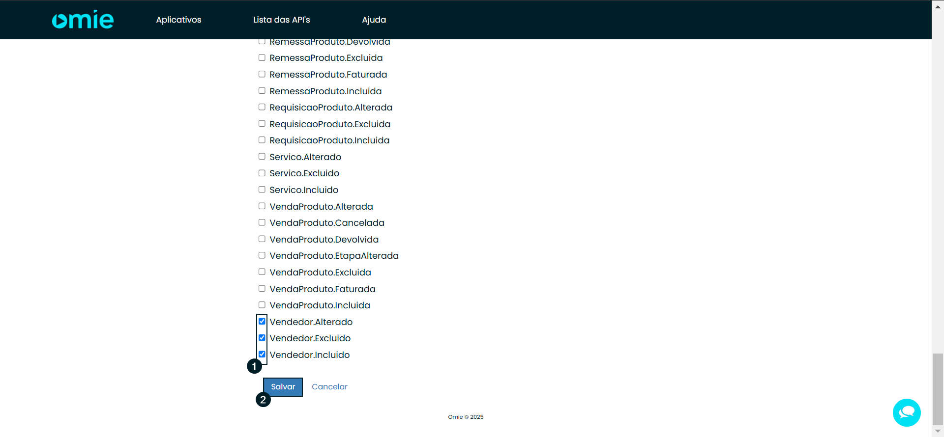 Final da lista de assuntos do webhook no Omie com eventos marcados e o botão Salvar