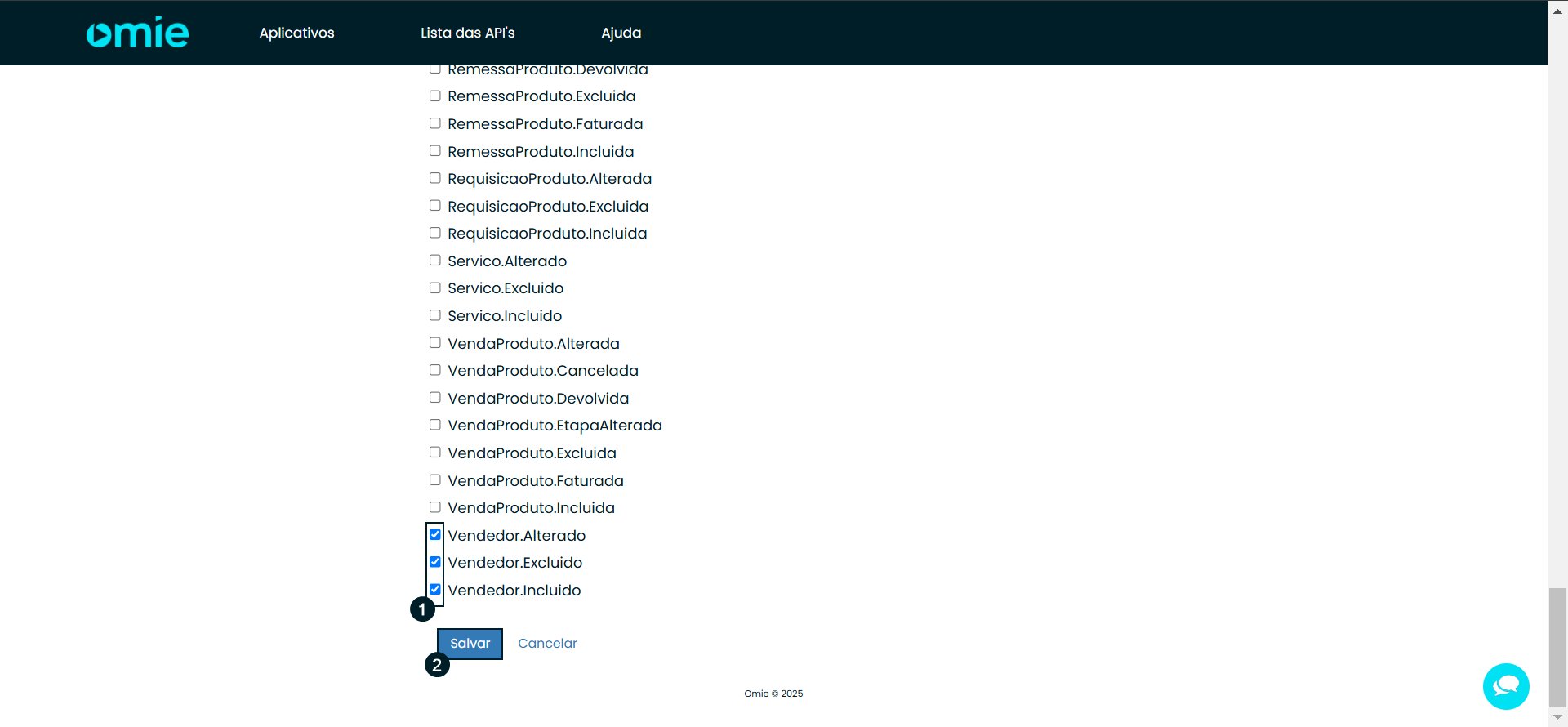 Final da lista de assuntos do webhook no Omie com eventos marcados e o botão Salvar