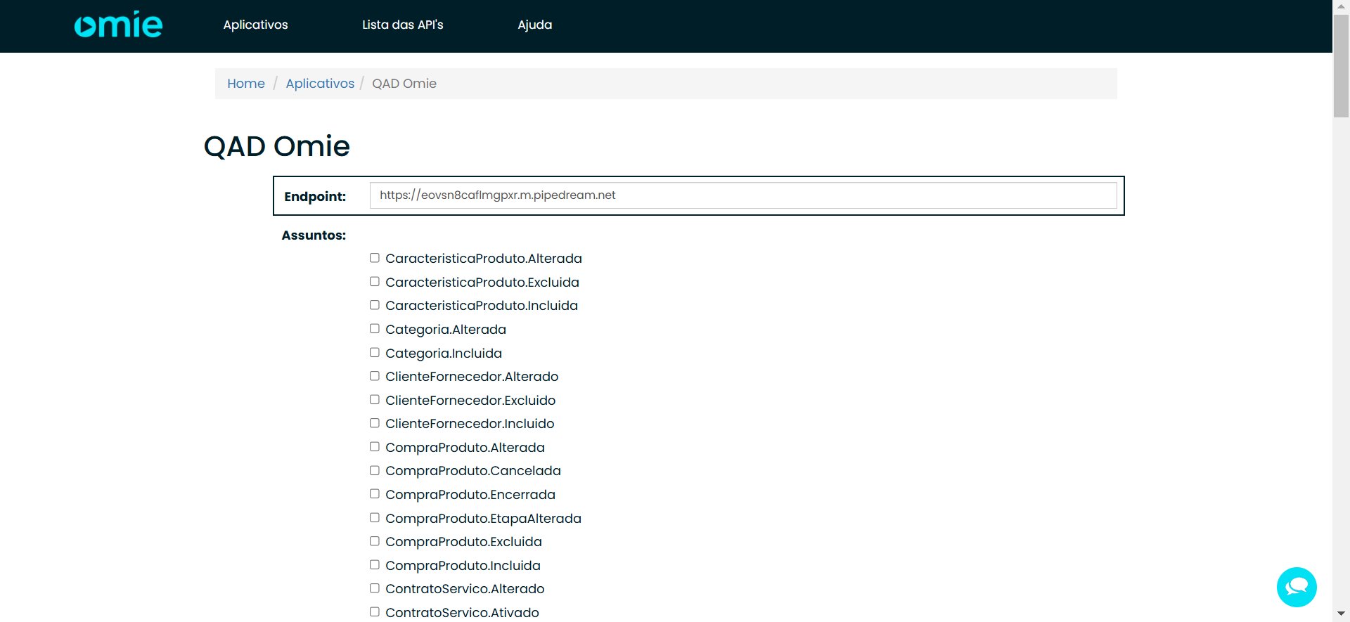 Formulário de novo webhook no Omie com o campo Endpoint e a lista de assuntos