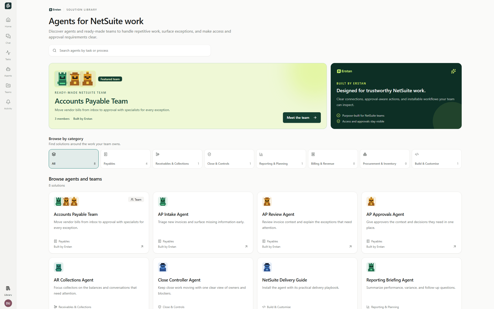 The Solution Library showing a featured team, Erstan builder assurance, business categories, and agent and team cards