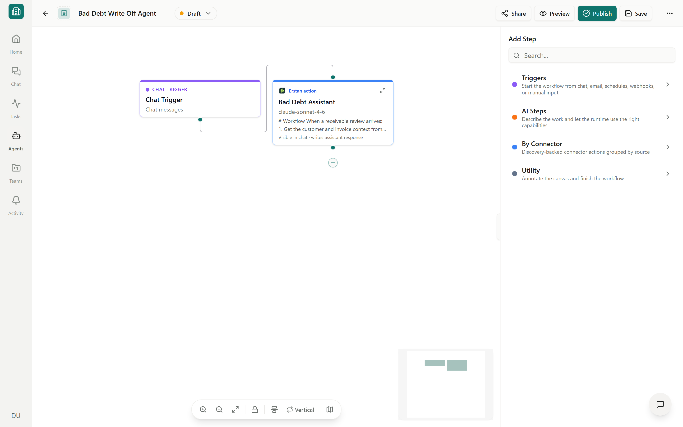 The visual agent builder showing a Chat Trigger connected to an Erstan action node, with the Add Step panel