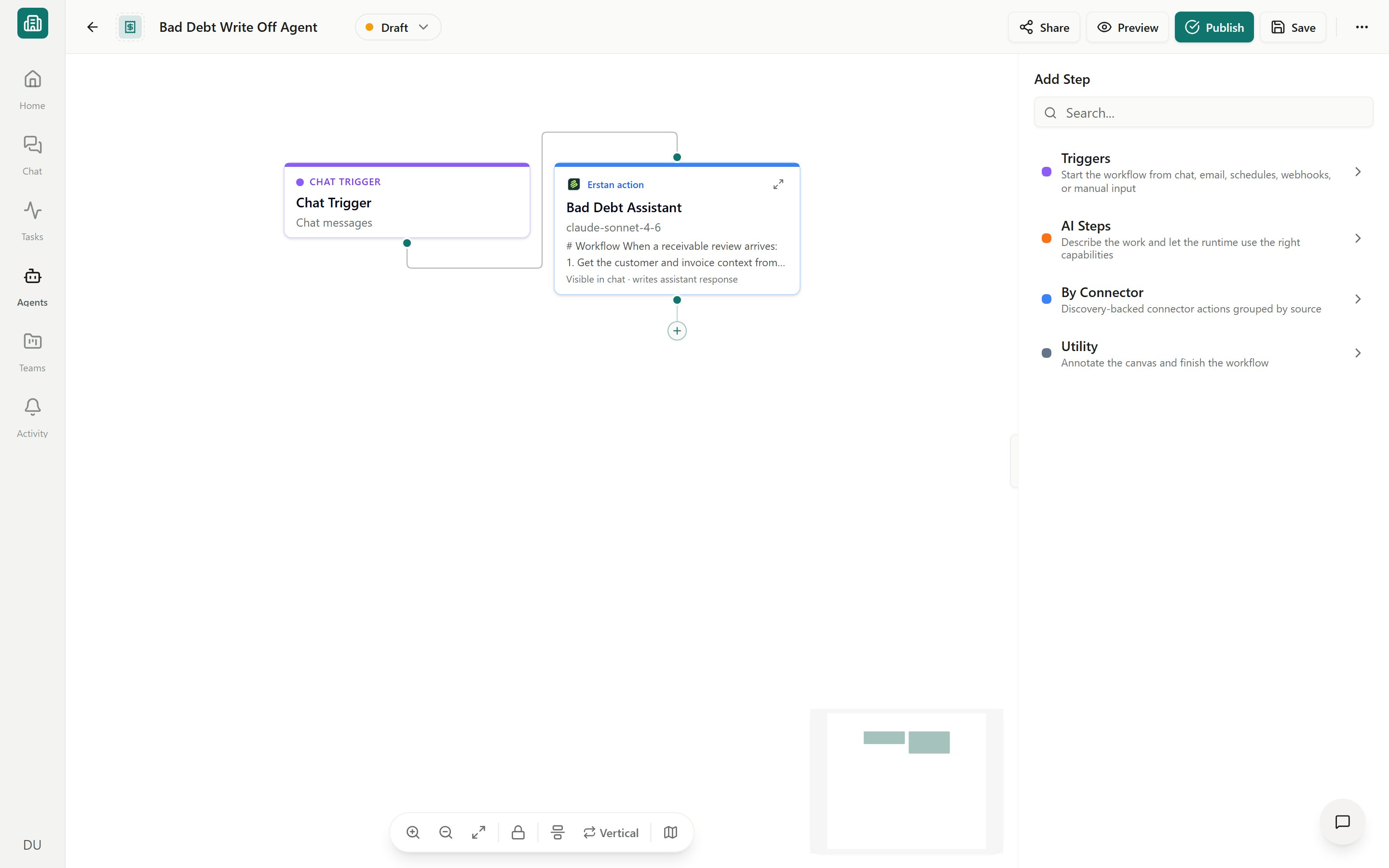 The visual agent builder showing a Chat Trigger connected to an Erstan action node, with the Add Step panel
