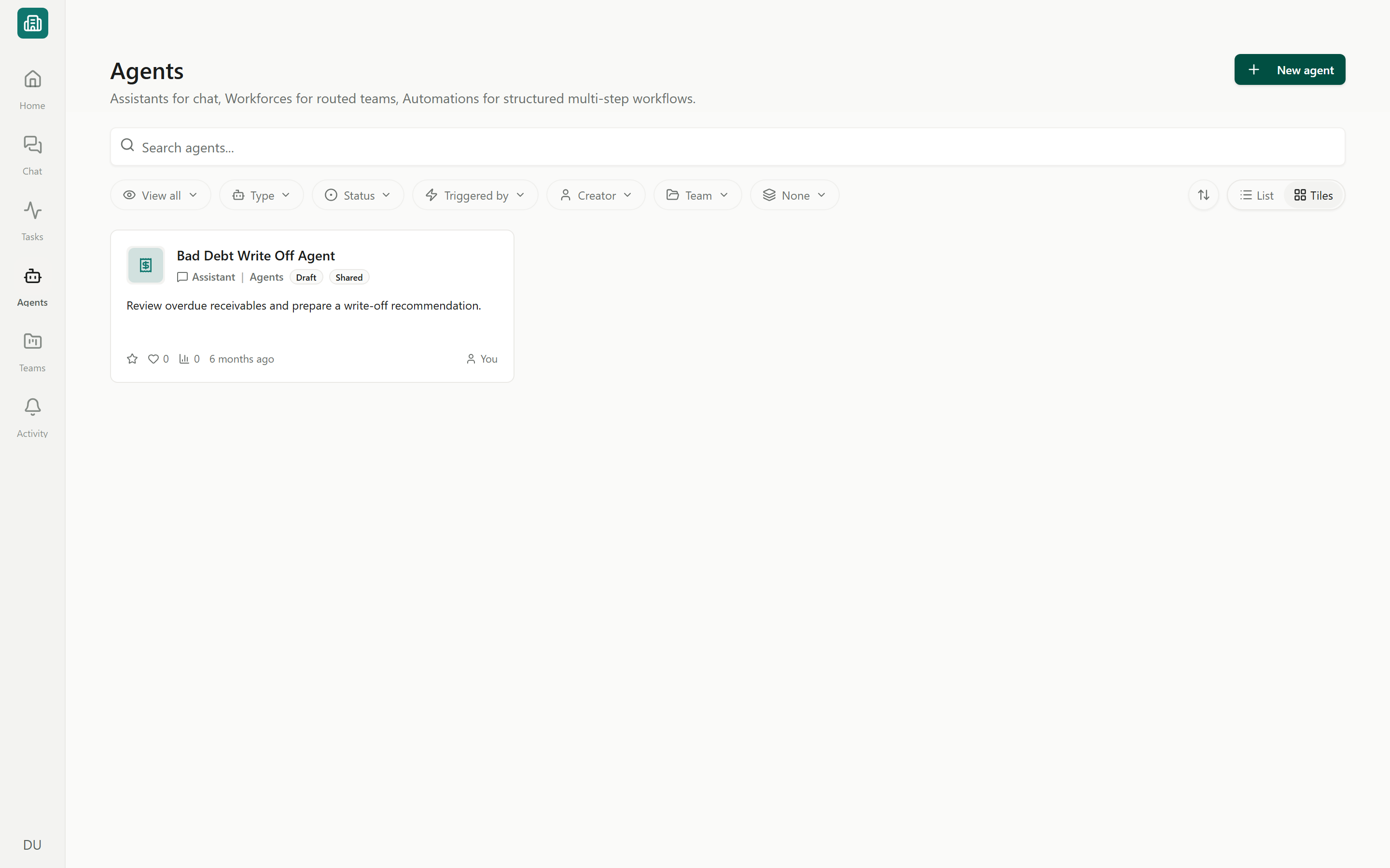The Agents library with agent cards, the New agent button, and filter controls