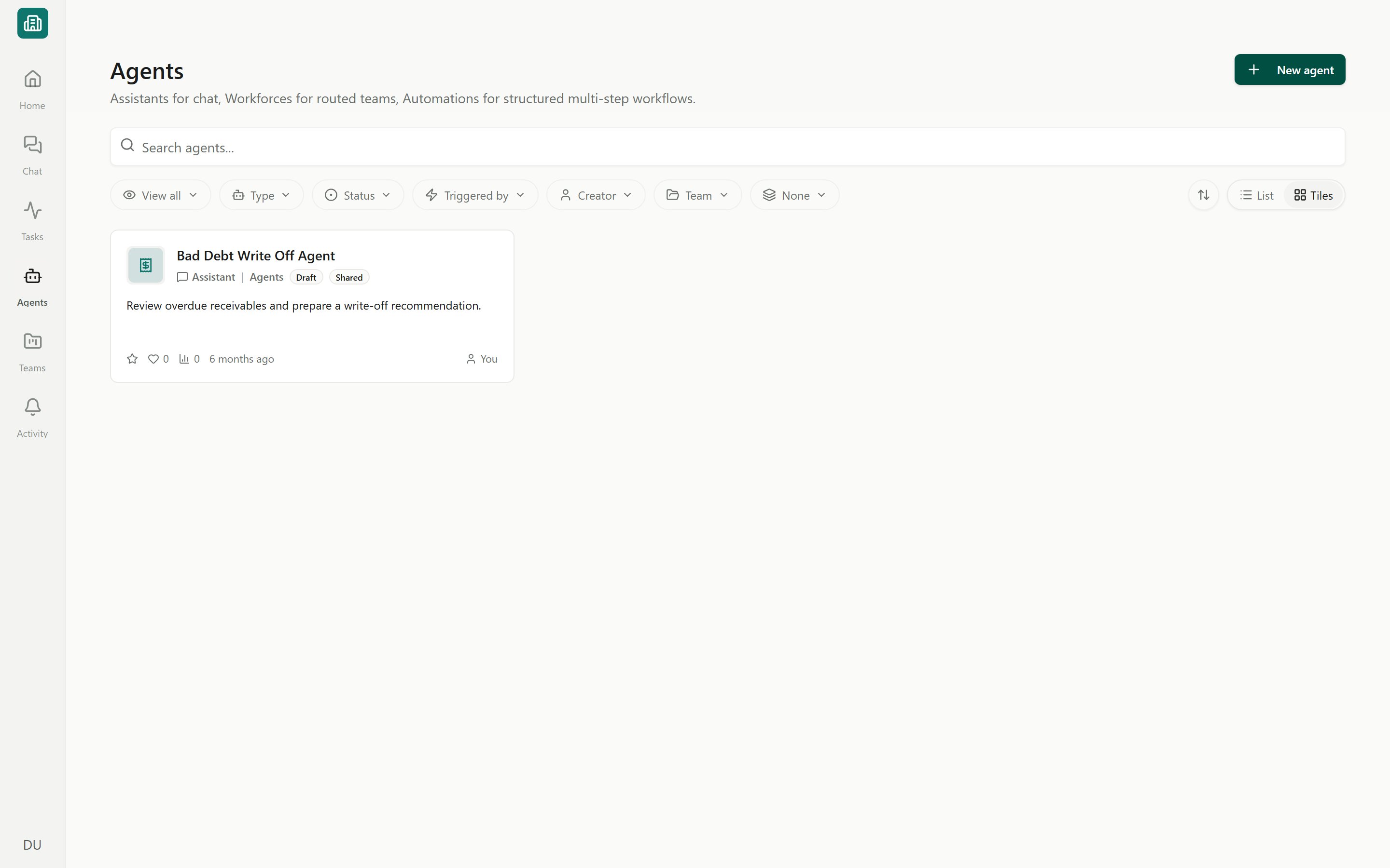 The Agents library with agent cards, the New agent button, and filter controls