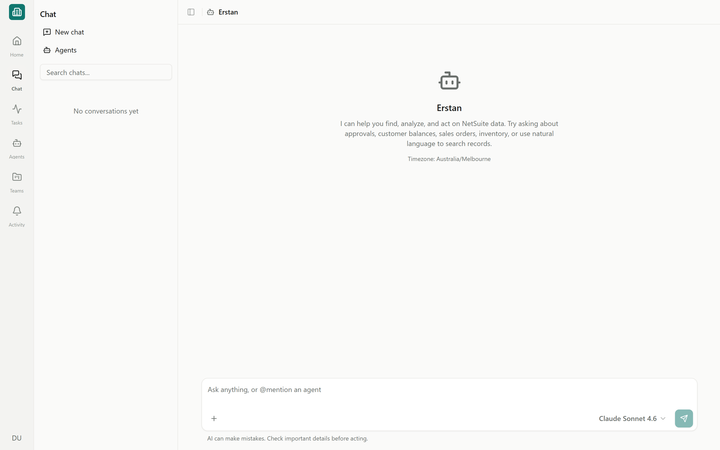 A new Erstan chat showing the assistant intro and the composer