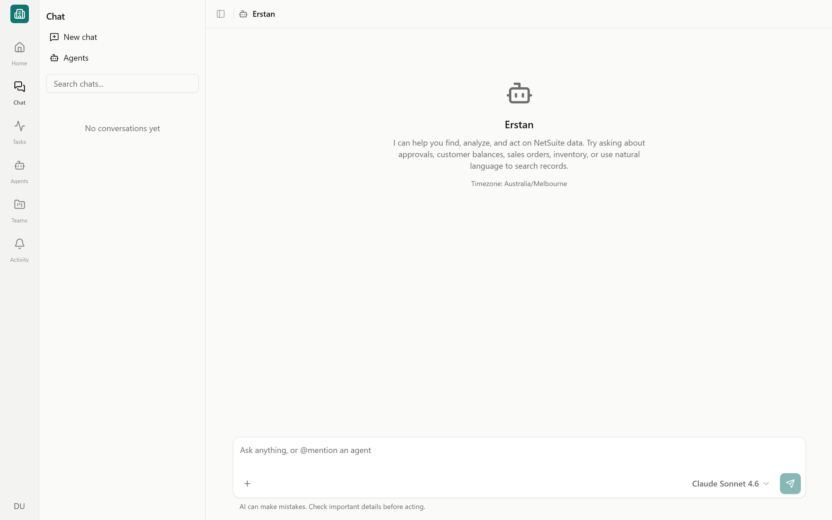 A new Erstan chat showing the assistant intro and the composer
