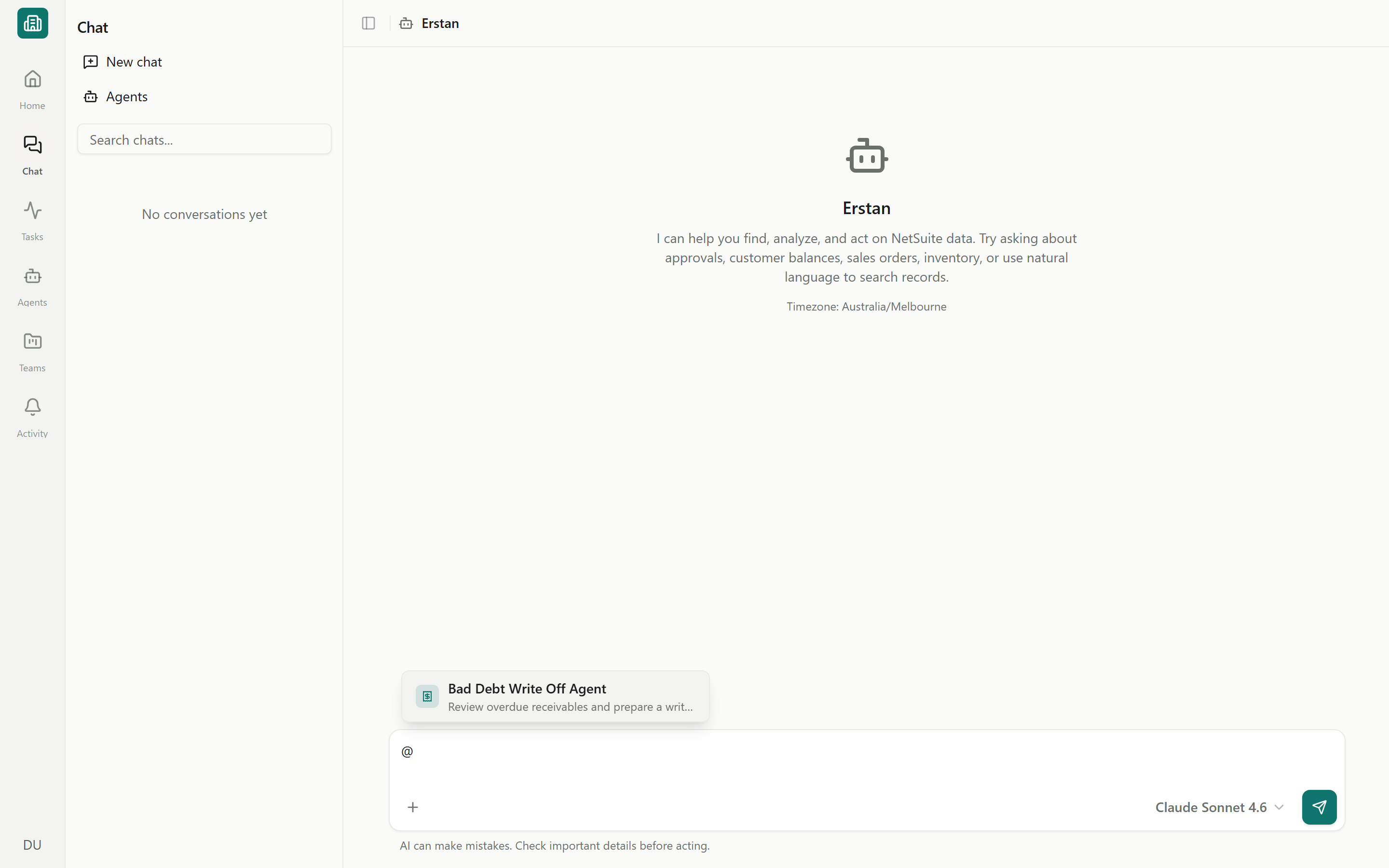 Typing @ in the chat composer surfaces an agent to mention