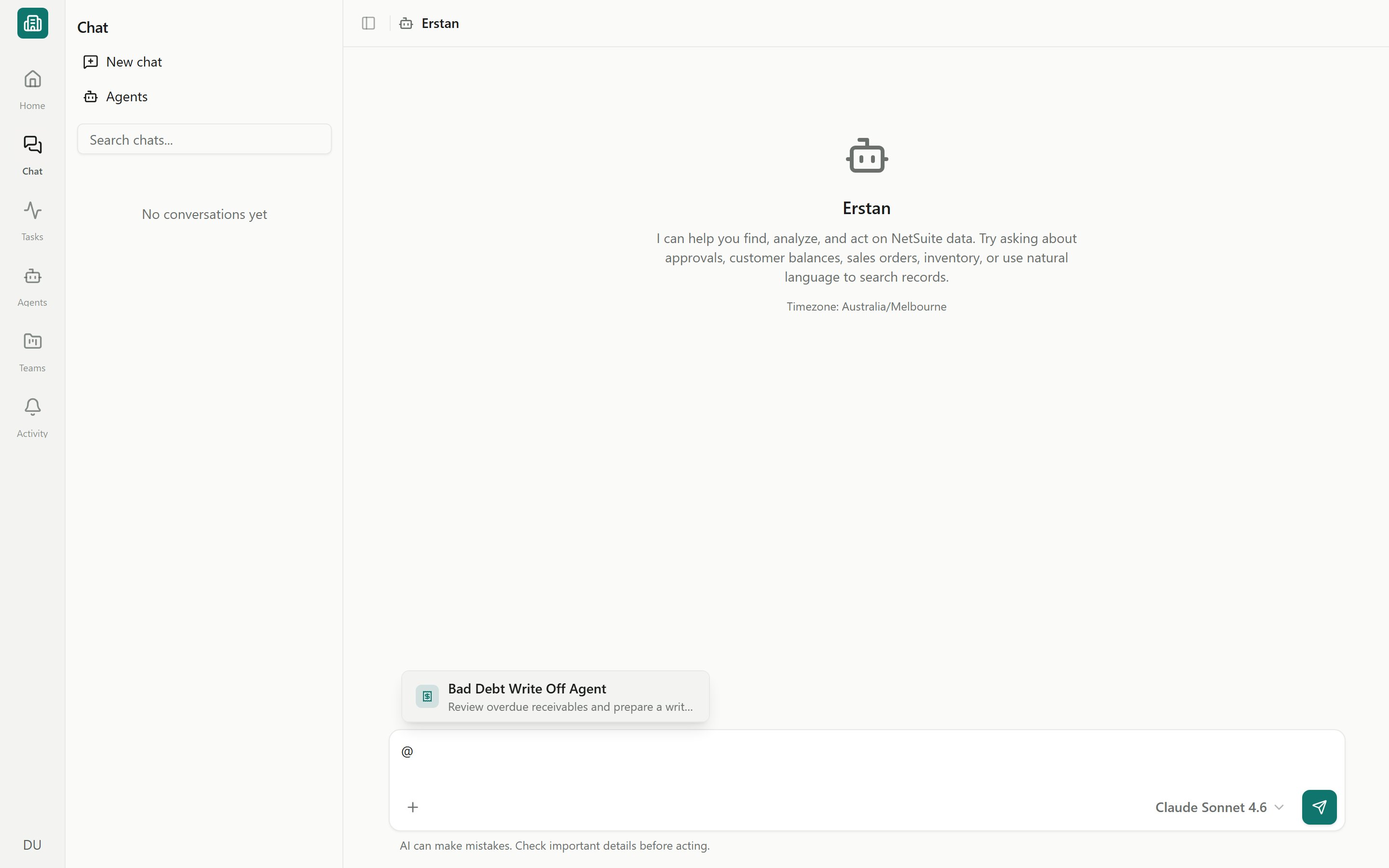 Typing @ in the chat composer surfaces an agent to mention