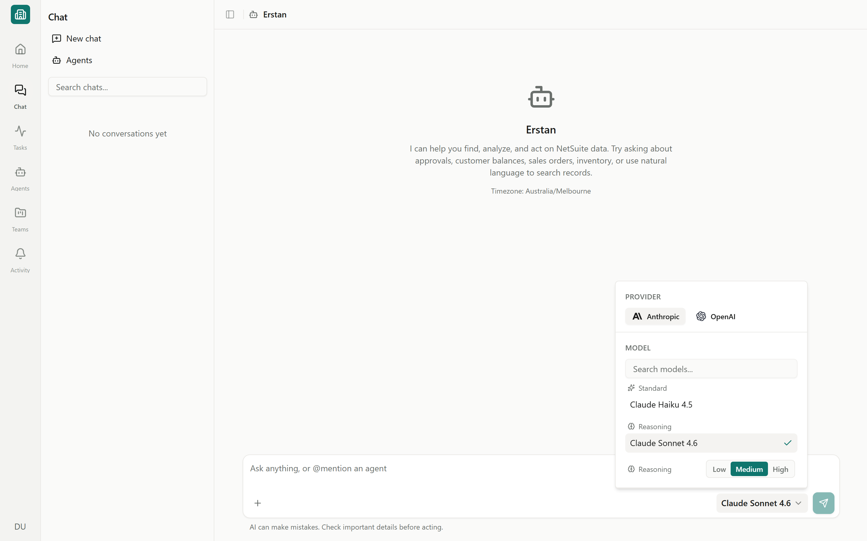 The chat model picker with provider (Anthropic, OpenAI), model list, and reasoning effort