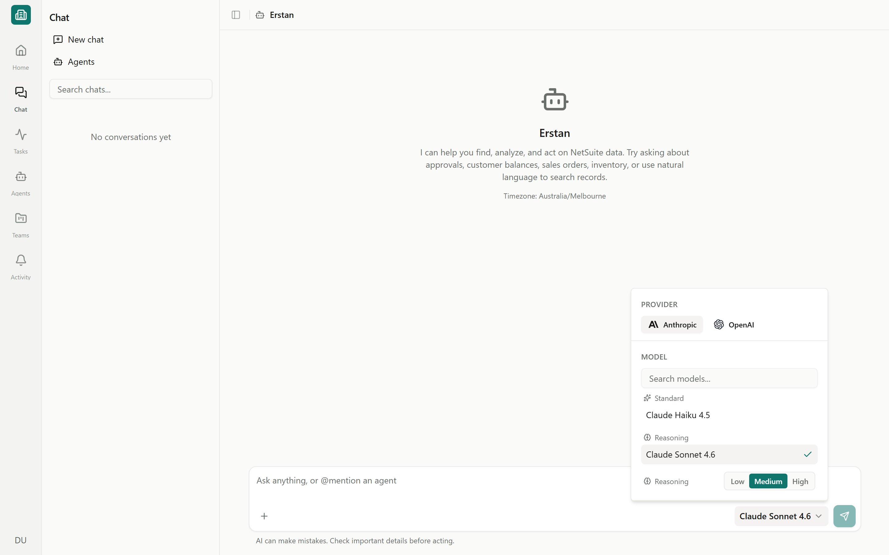 The chat model picker with provider (Anthropic, OpenAI), model list, and reasoning effort
