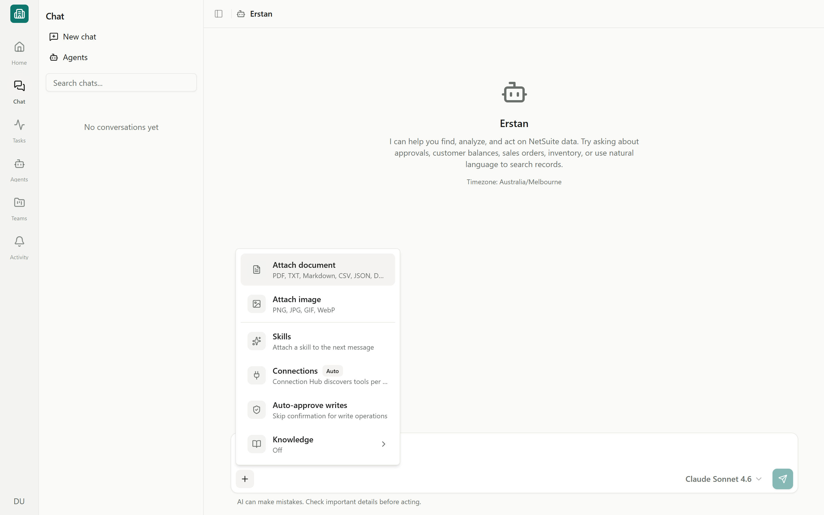 The chat composer plus menu: Attach document, Attach image, Skills, Connections, Auto-approve writes, and Knowledge
