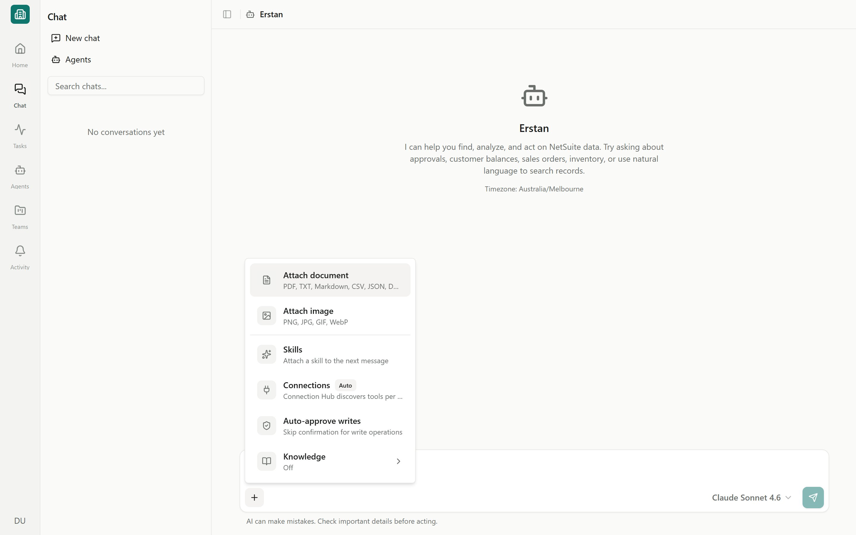 The chat composer plus menu: Attach document, Attach image, Skills, Connections, Auto-approve writes, and Knowledge