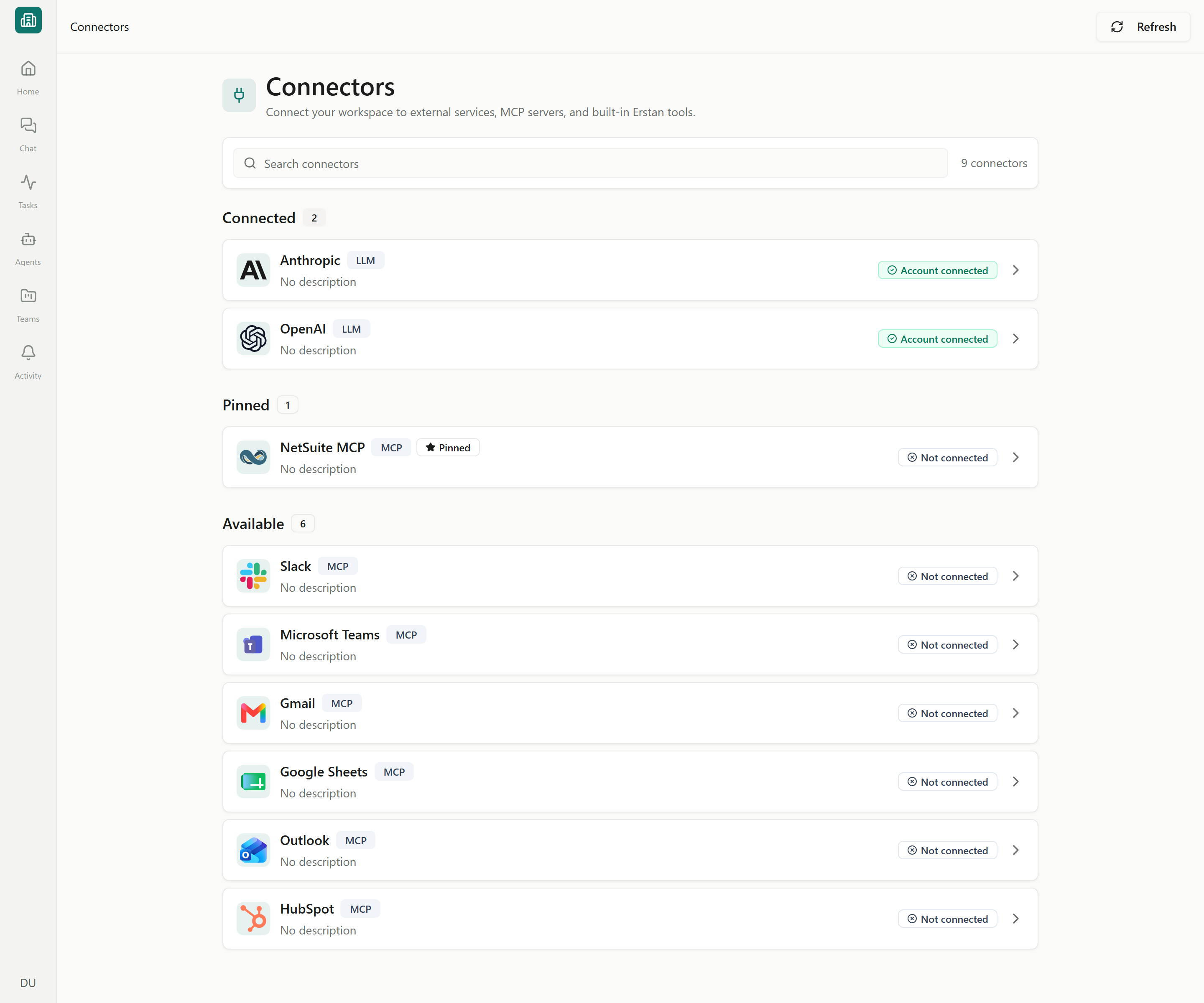 The Connectors page listing connected systems with status badges