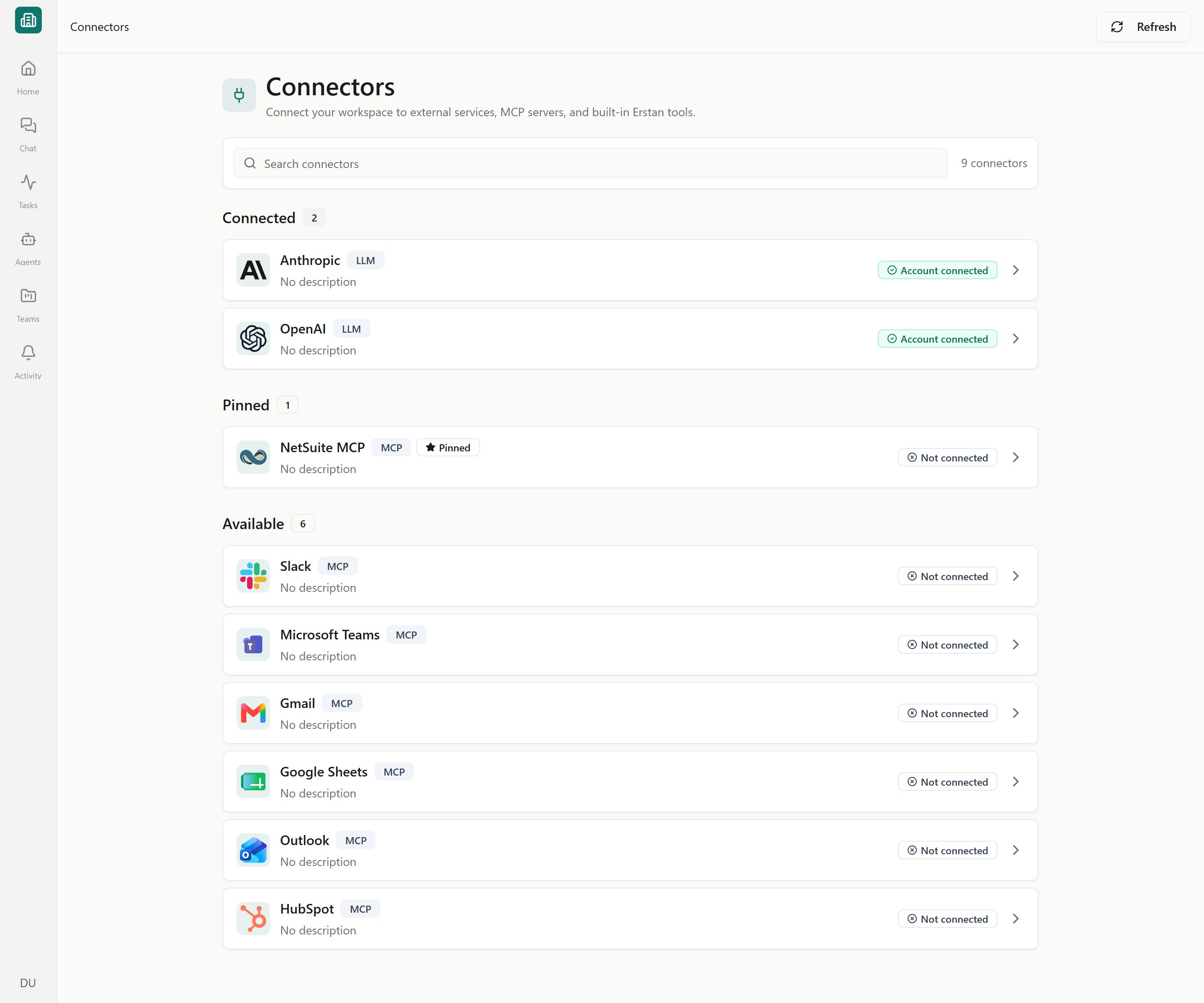 The Connectors page listing connected systems with status badges