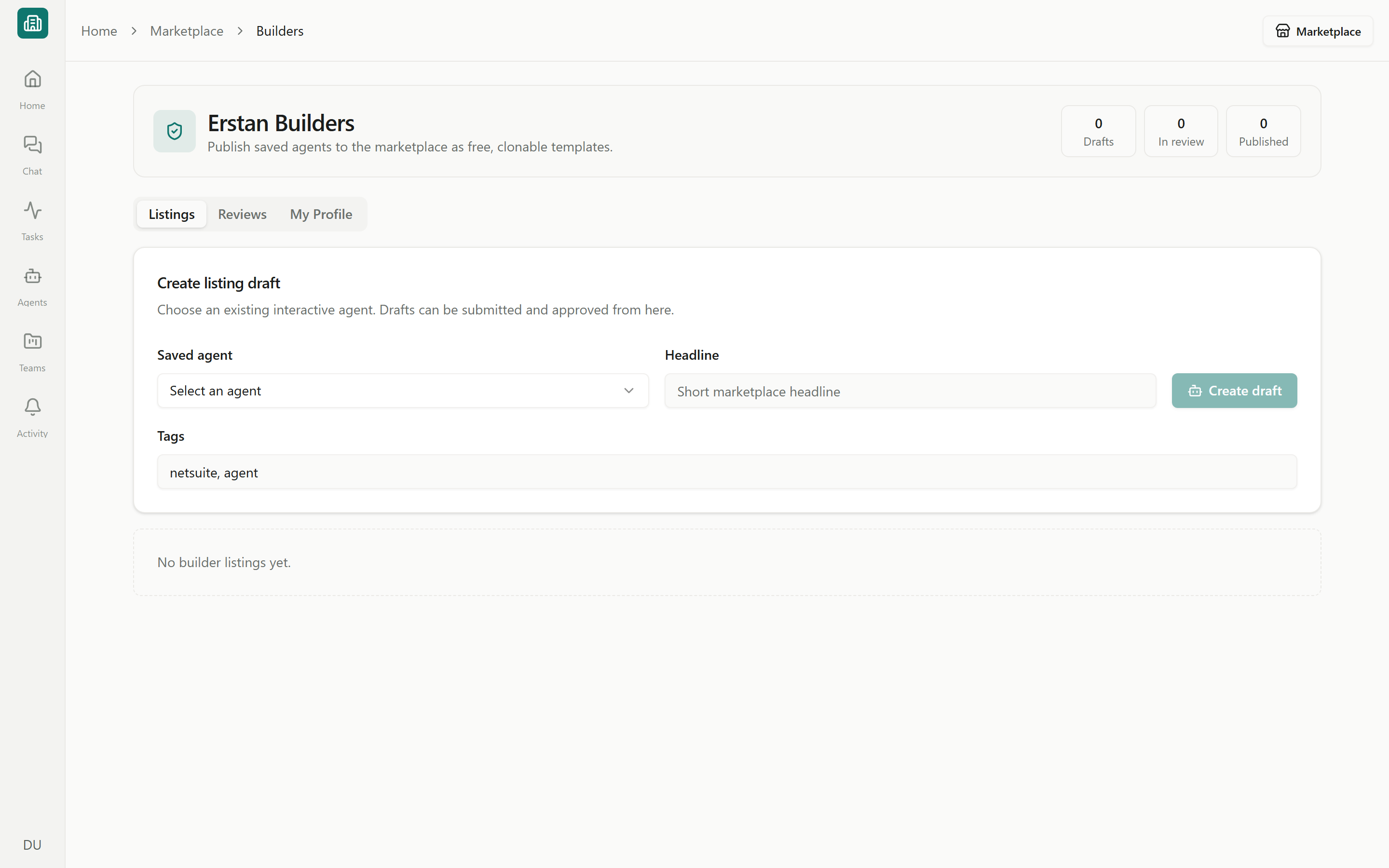 The Erstan Builders admin page with listing creation and review controls