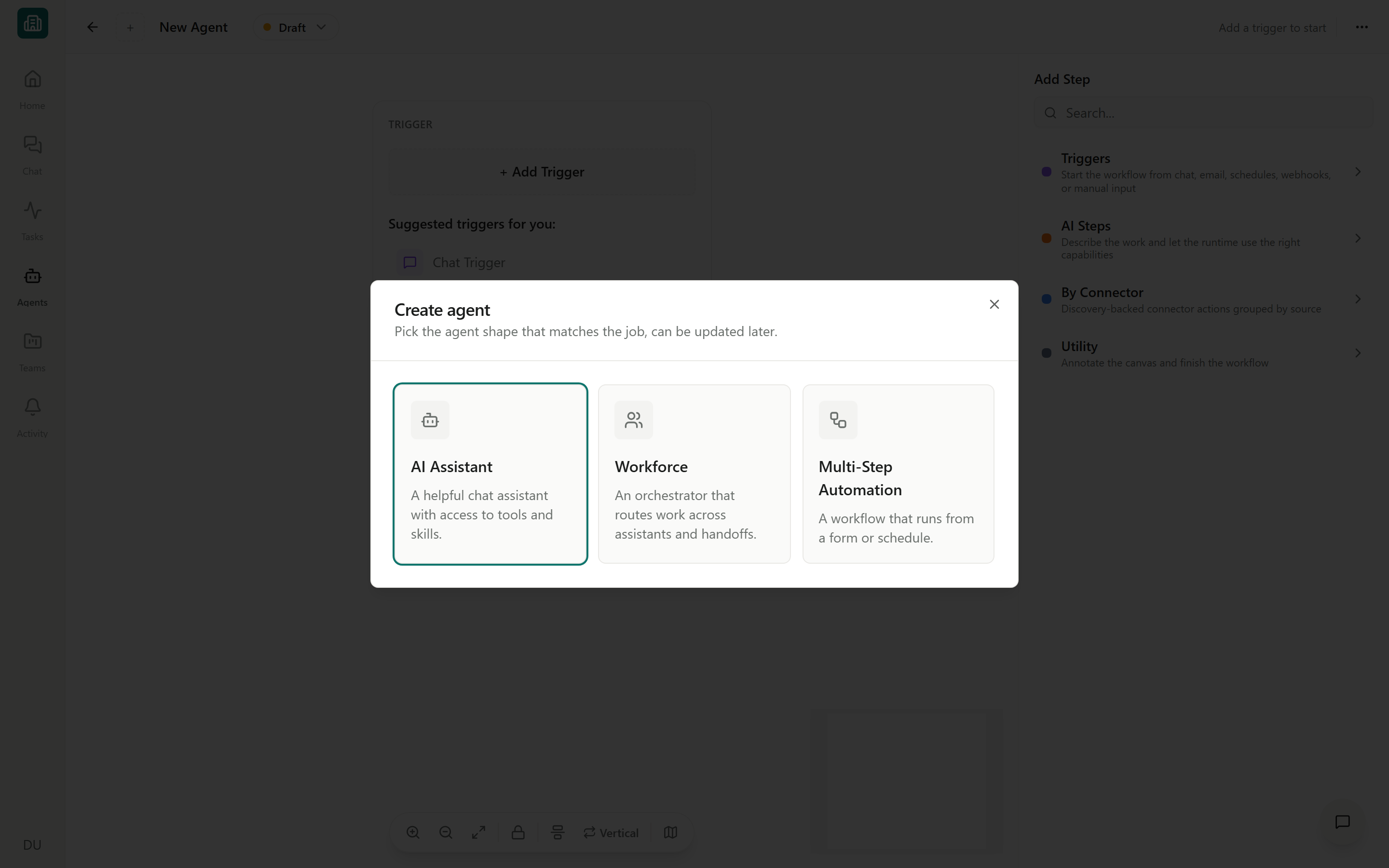 The Create agent dialog showing AI Assistant, Workforce, and Multi-Step Automation shapes