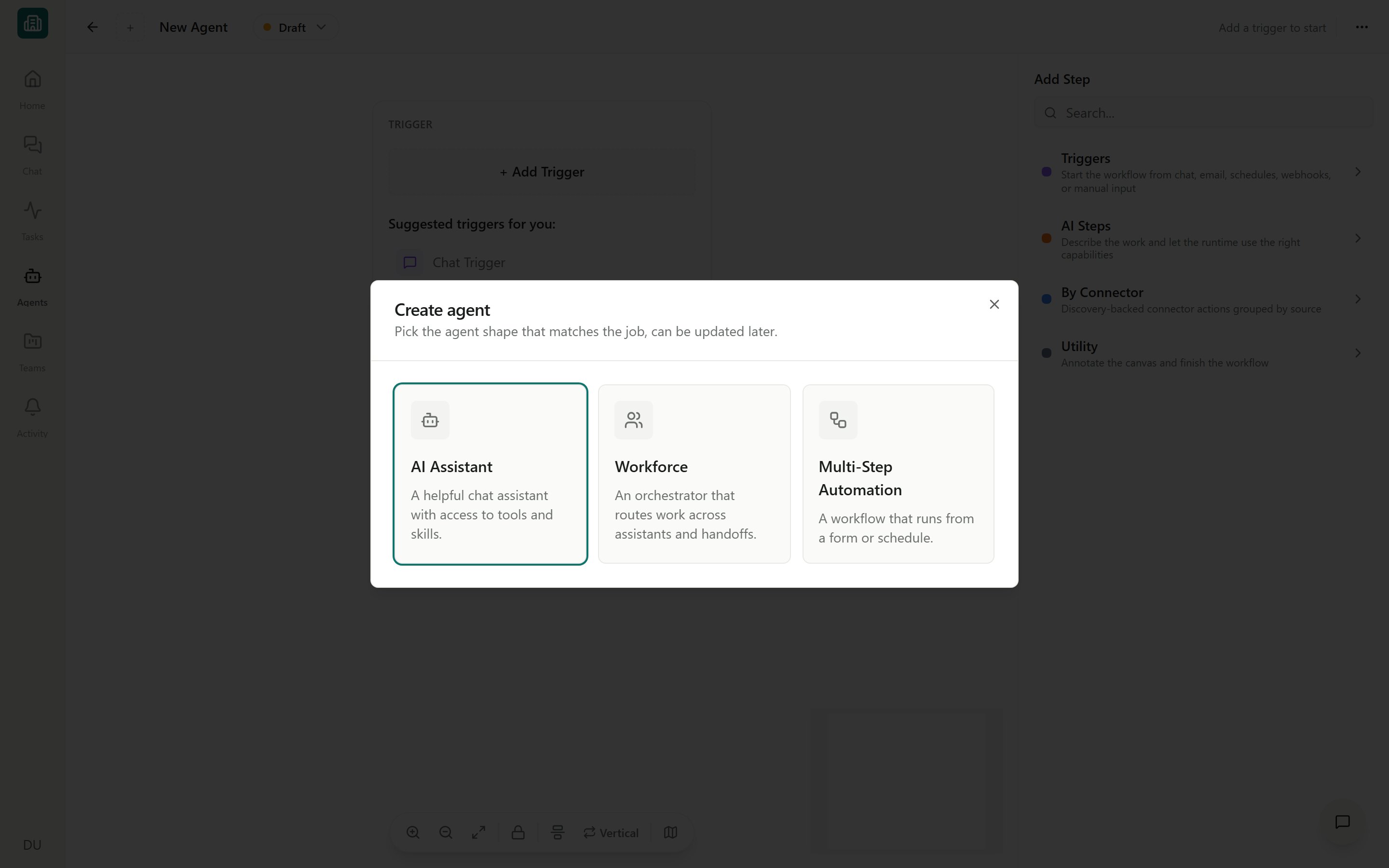 The Create agent dialog showing AI Assistant, Workforce, and Multi-Step Automation shapes