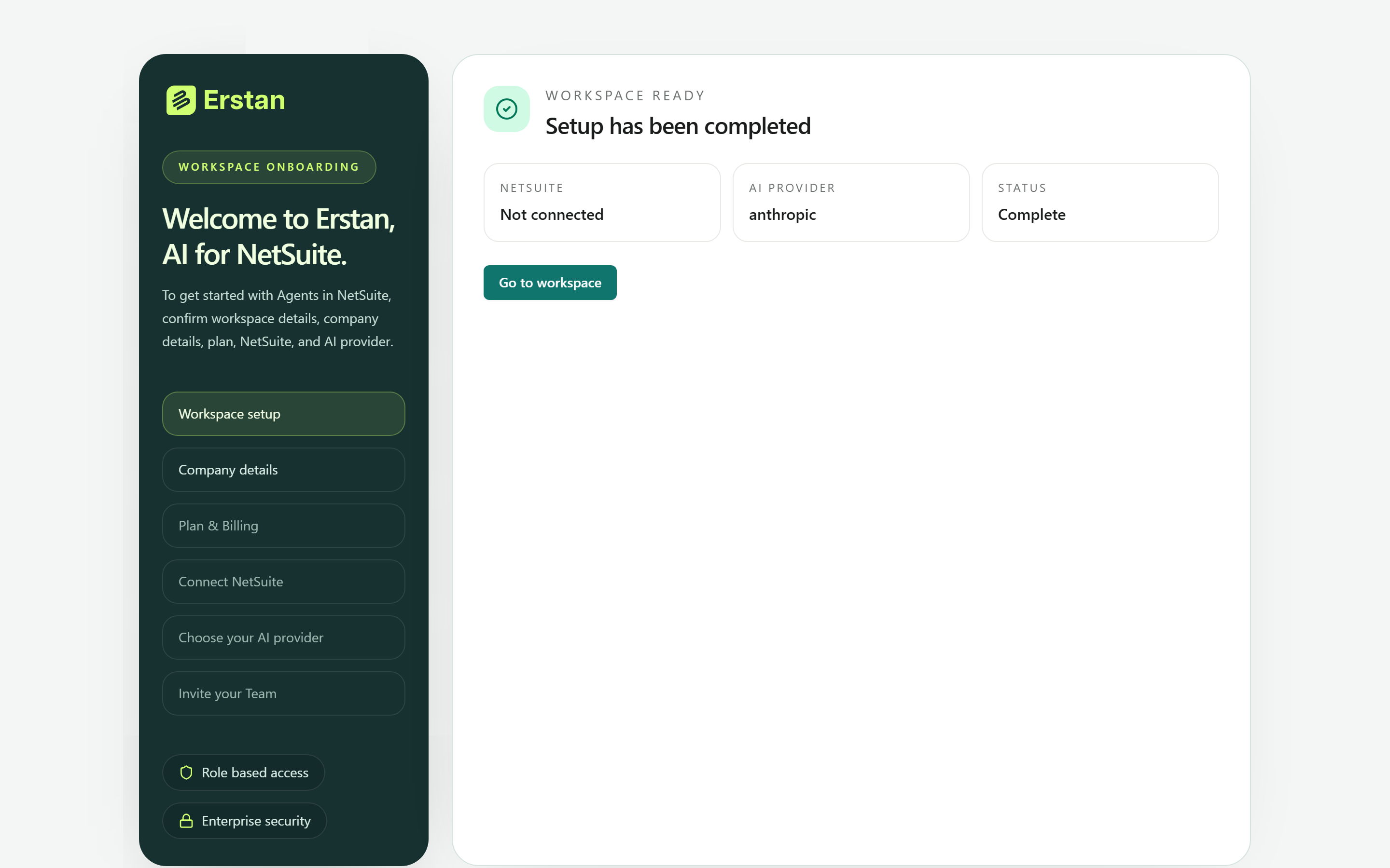 The Erstan workspace onboarding wizard with its steps and a completion summary