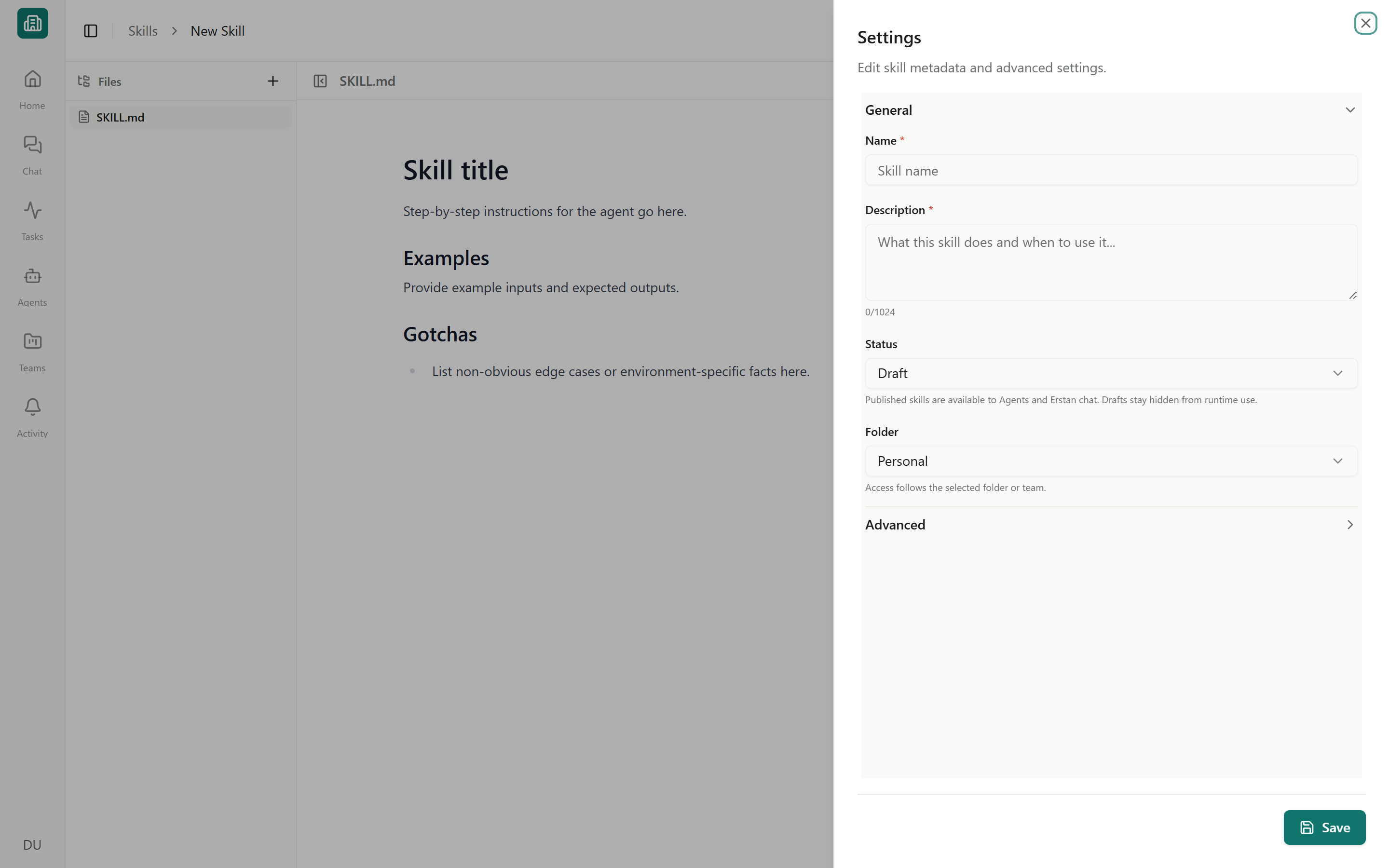 The skill package editor showing SKILL.md content (Examples, Gotchas) and the Settings panel