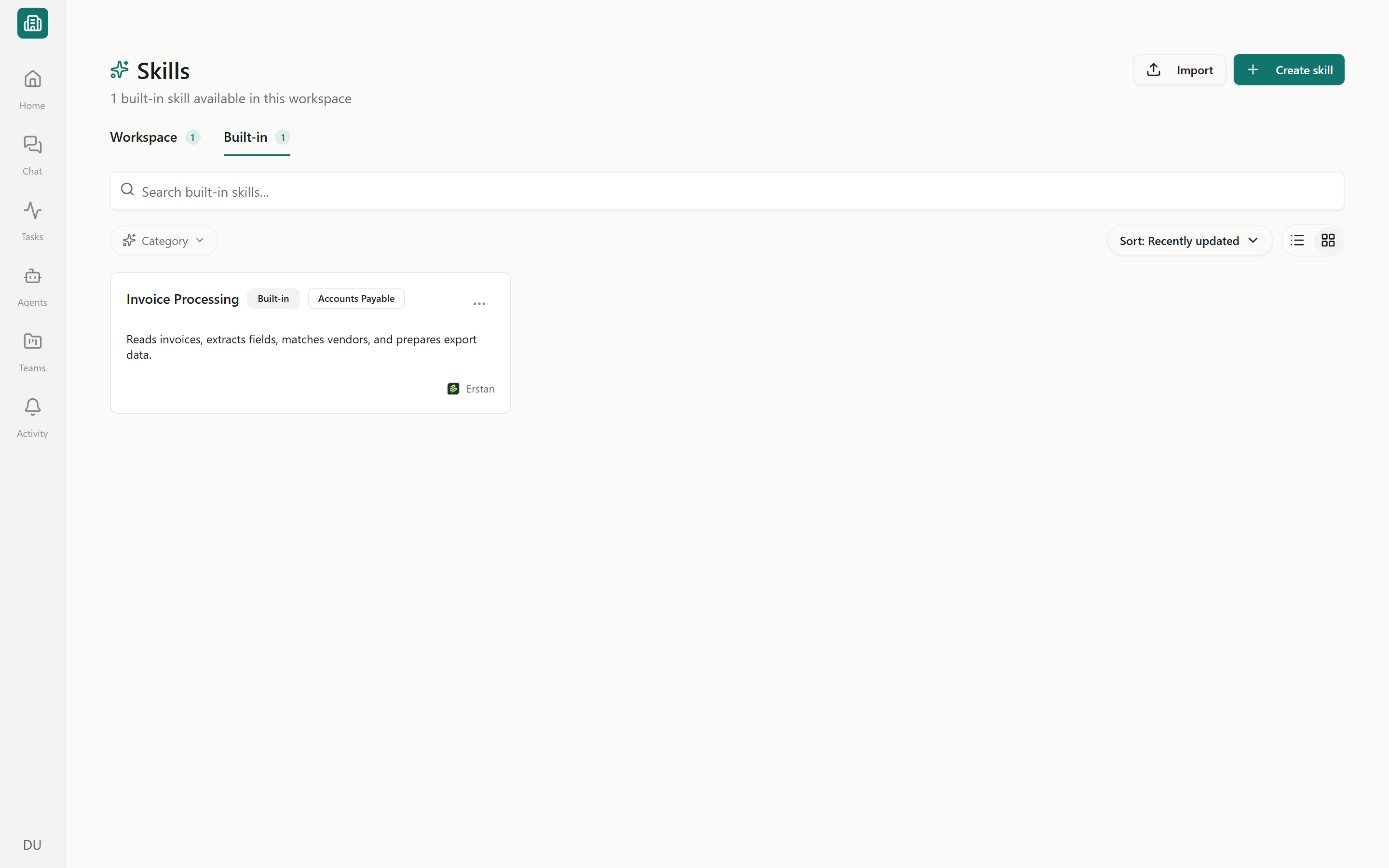 The Skills page Built-in tab listing skills that ship with Erstan