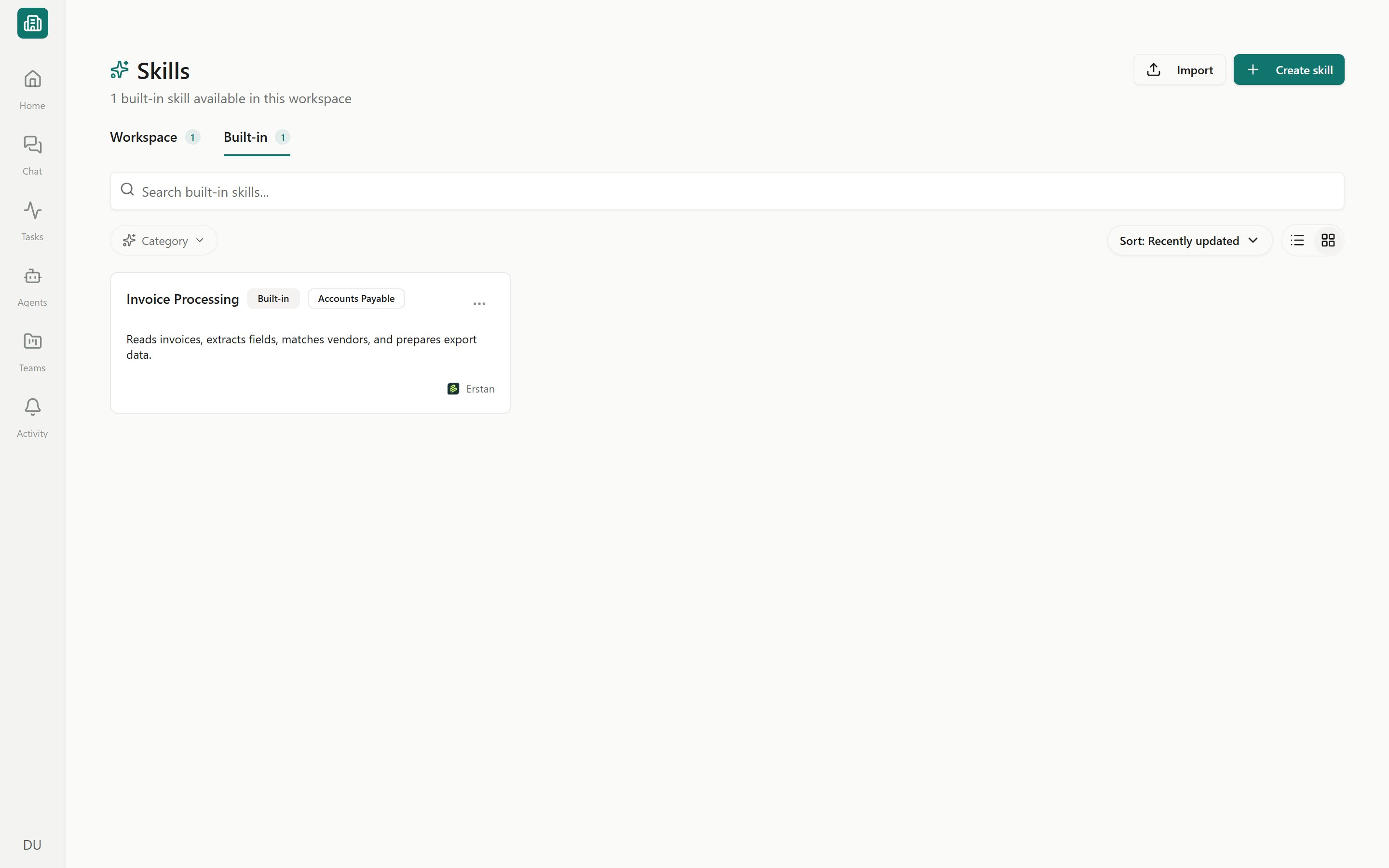 The Skills page Built-in tab listing skills that ship with Erstan