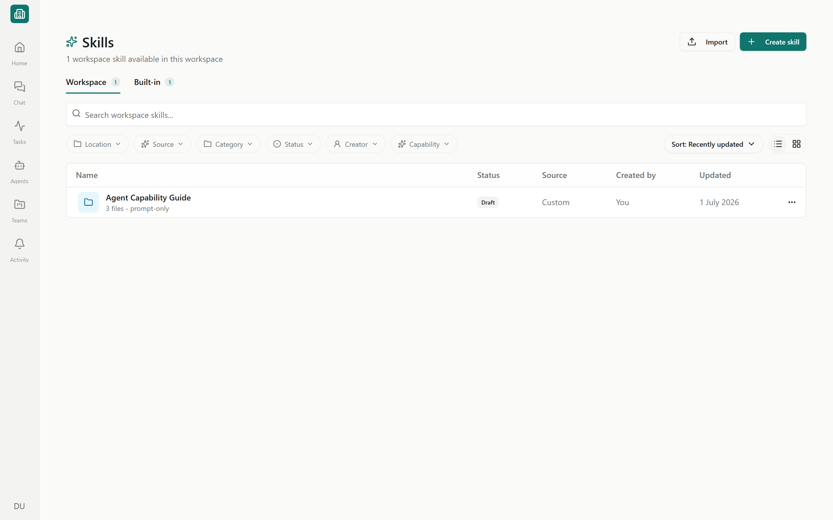 The Skills page Workspace tab with skill rows, search, and filter pills