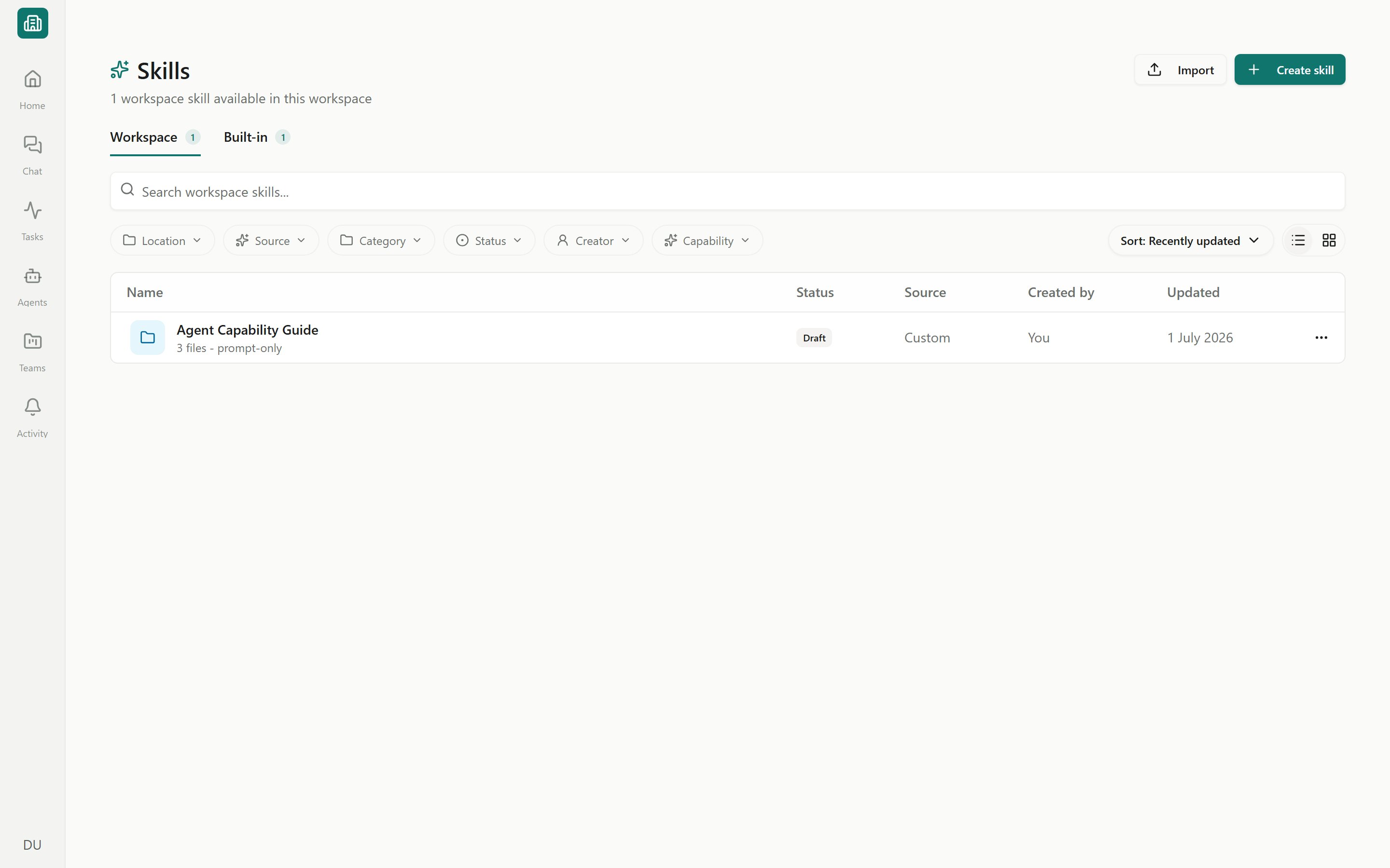 The Skills page Workspace tab with skill rows, search, and filter pills