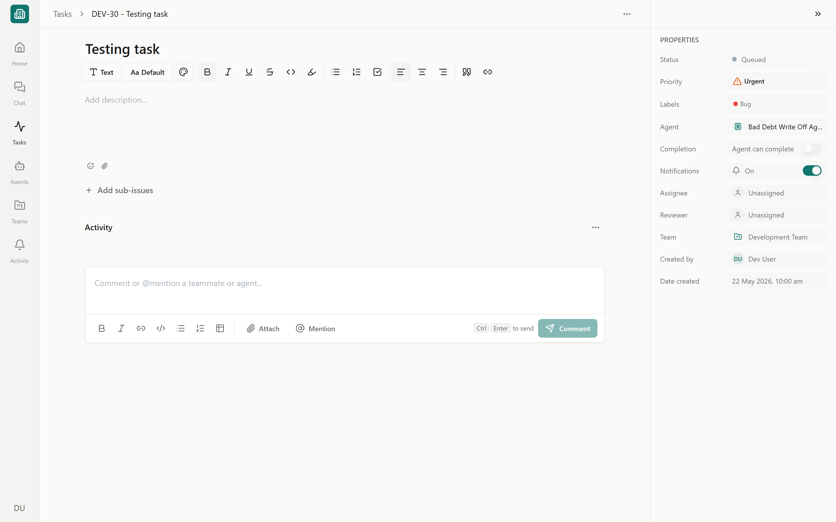 An open task showing the agent conversation and the properties rail with priority, due date, labels, assignee, and reviewer