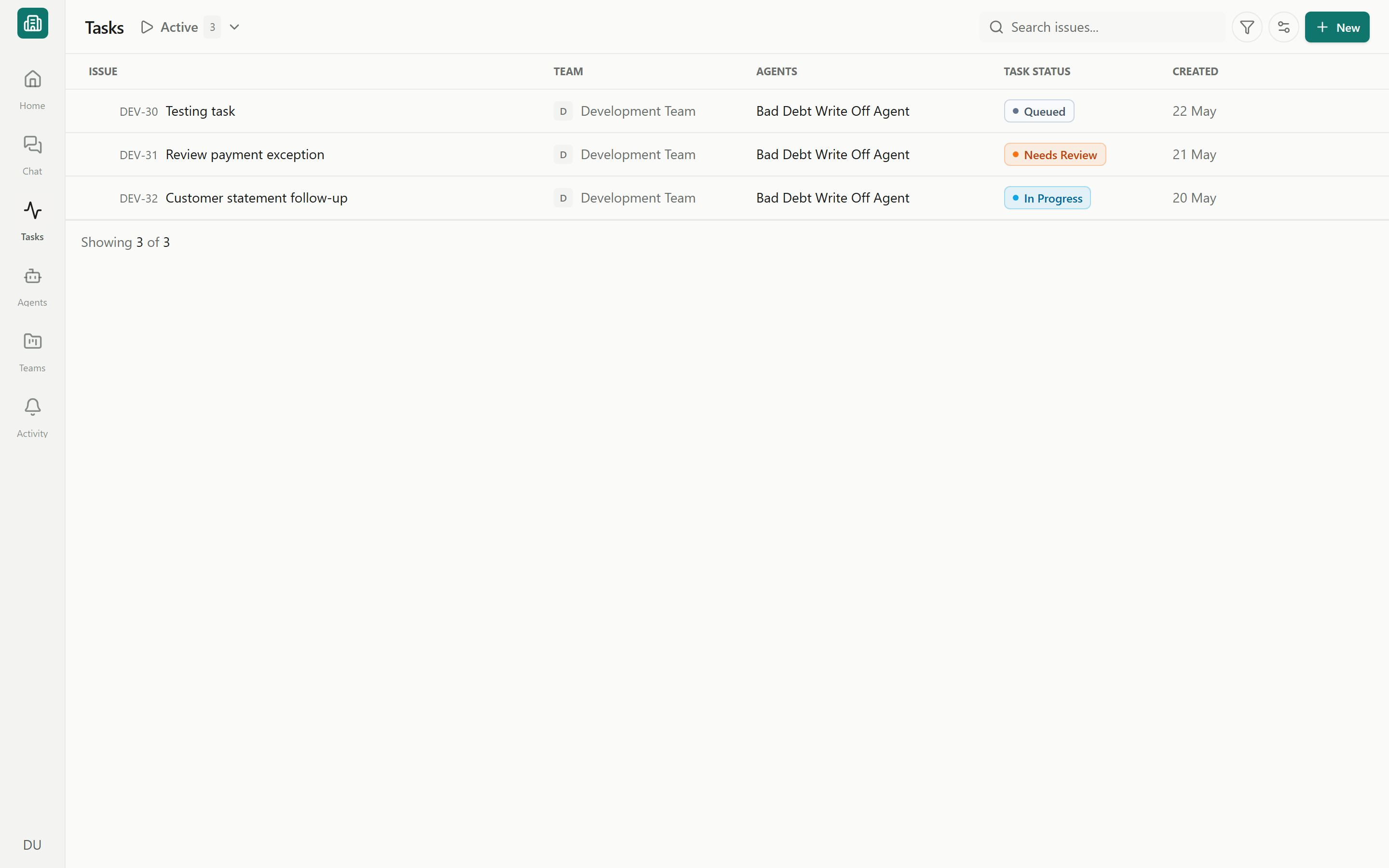The Tasks board (Kanban) with Queued, In Progress, and Needs Review columns