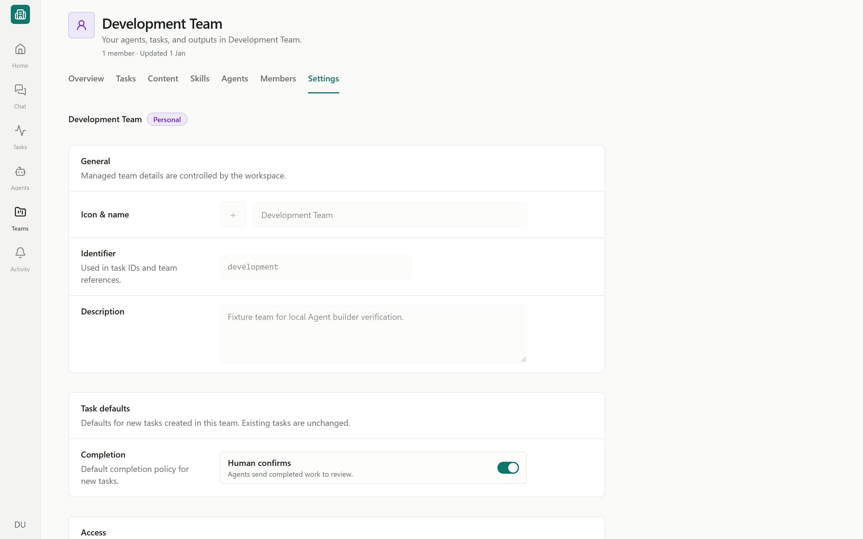 Team Settings showing General, Task defaults (Human confirms / Agent can complete), and other sections