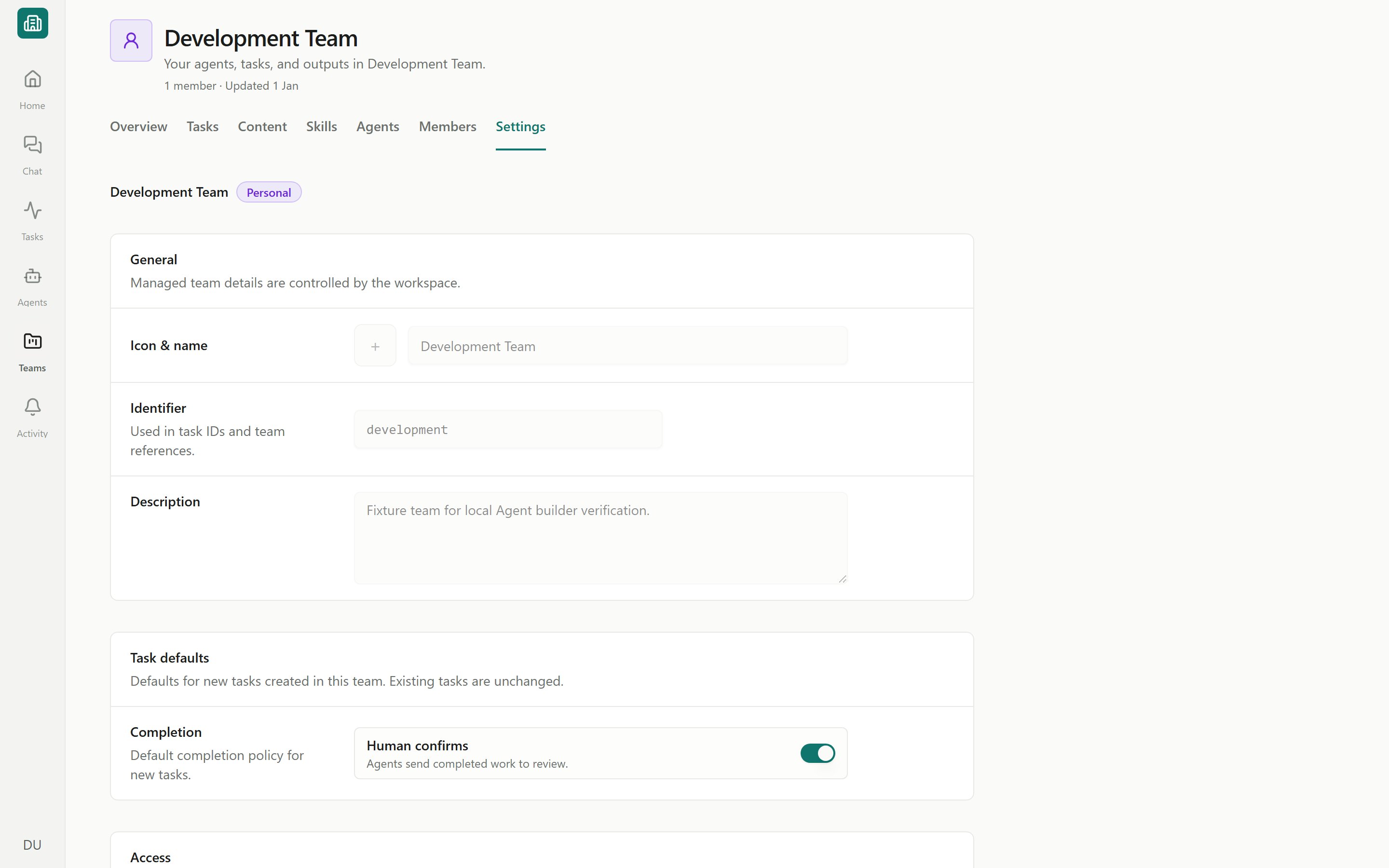 Team Settings showing General, Task defaults (Human confirms / Agent can complete), and other sections