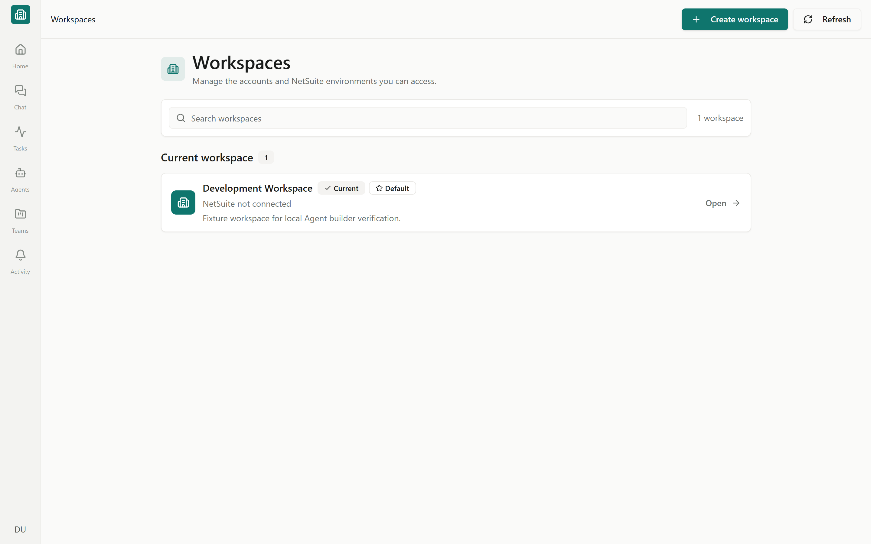 The Workspaces page showing the current workspace and the create-workspace action