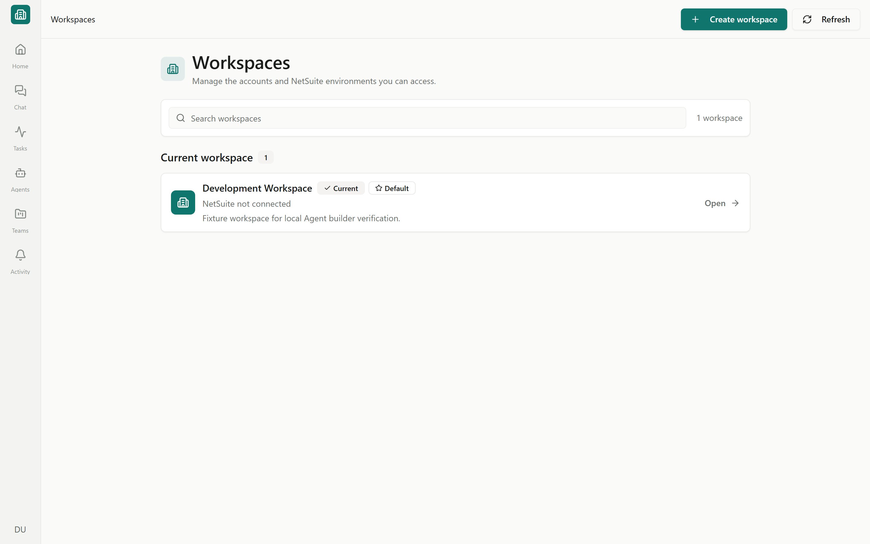 The Workspaces page showing the current workspace and the create-workspace action