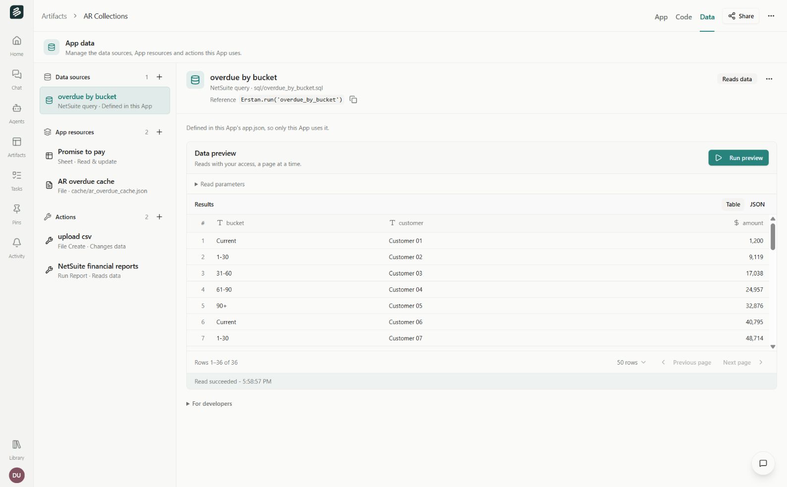 App Data section with Data sources, App resources, Actions, and a paged read preview