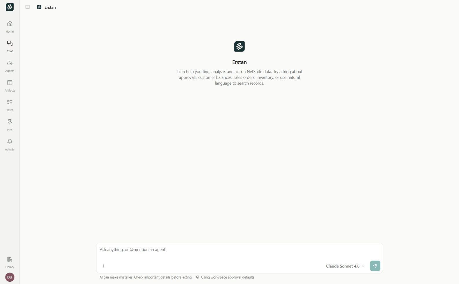 A new Erstan chat showing the assistant intro and the composer