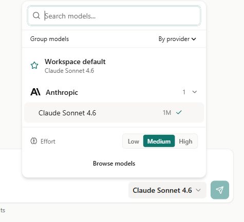 Model picker with search, provider grouping, workspace default, and reasoning effort