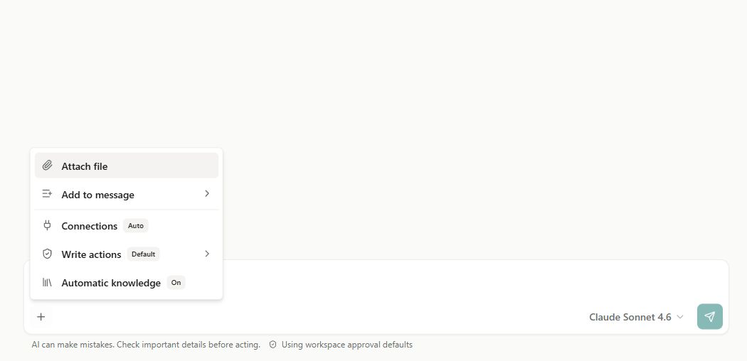 Composer menu with Attach file, Add to message, Connections, Write actions, and Automatic knowledge