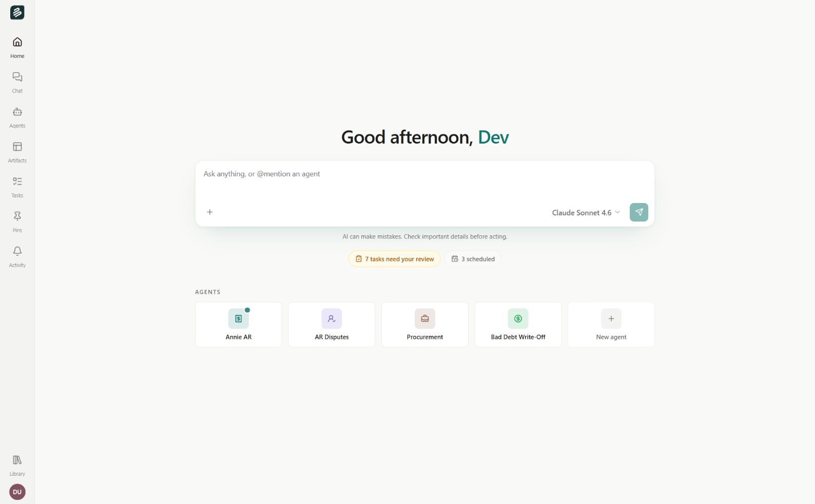 Erstan Home showing the chat input, model selector, review shortcuts, and Agents