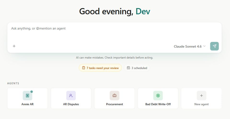 Erstan Home with a chat composer, model selector, review and schedule shortcuts, and Agent cards