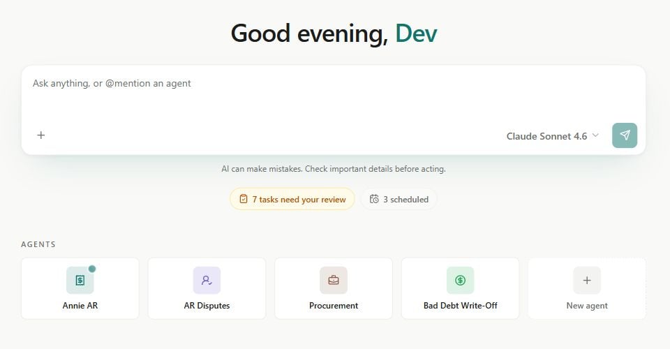 Erstan Home with a chat composer, model selector, review and schedule shortcuts, and Agent cards