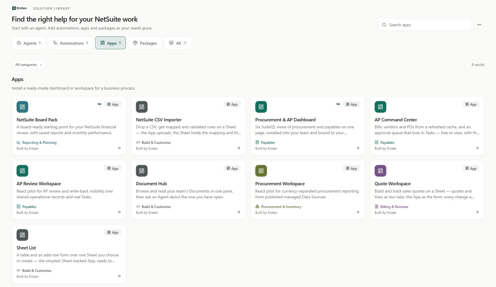 Solution Library with Apps selected, search and category controls, and nine App listings